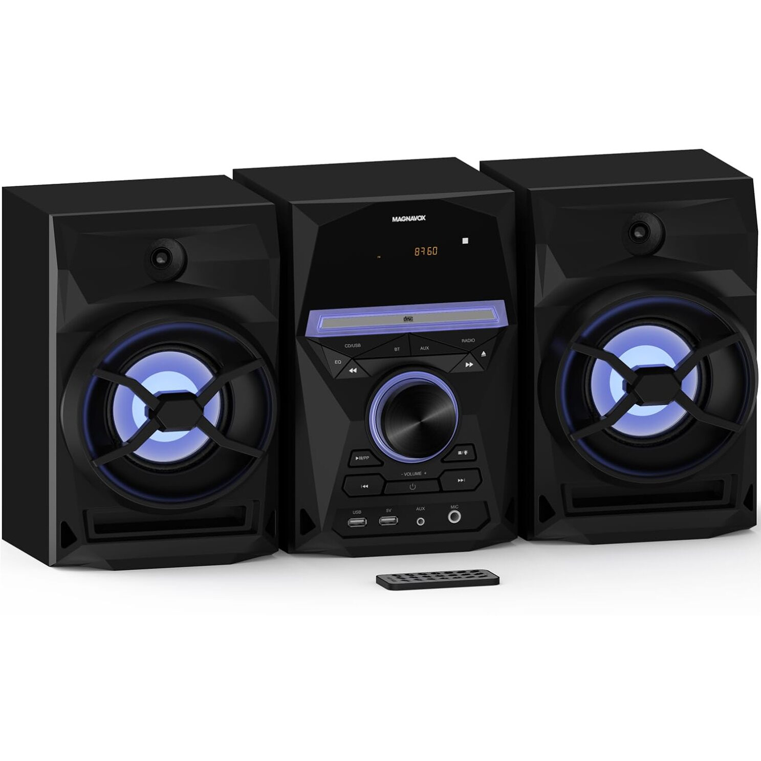 Magnavox 3-Piece Cd Shelf System With Bluetooth, Fm Radio, Remote Control, Colored Speaker Lights, Led Display, Aux Port - Black