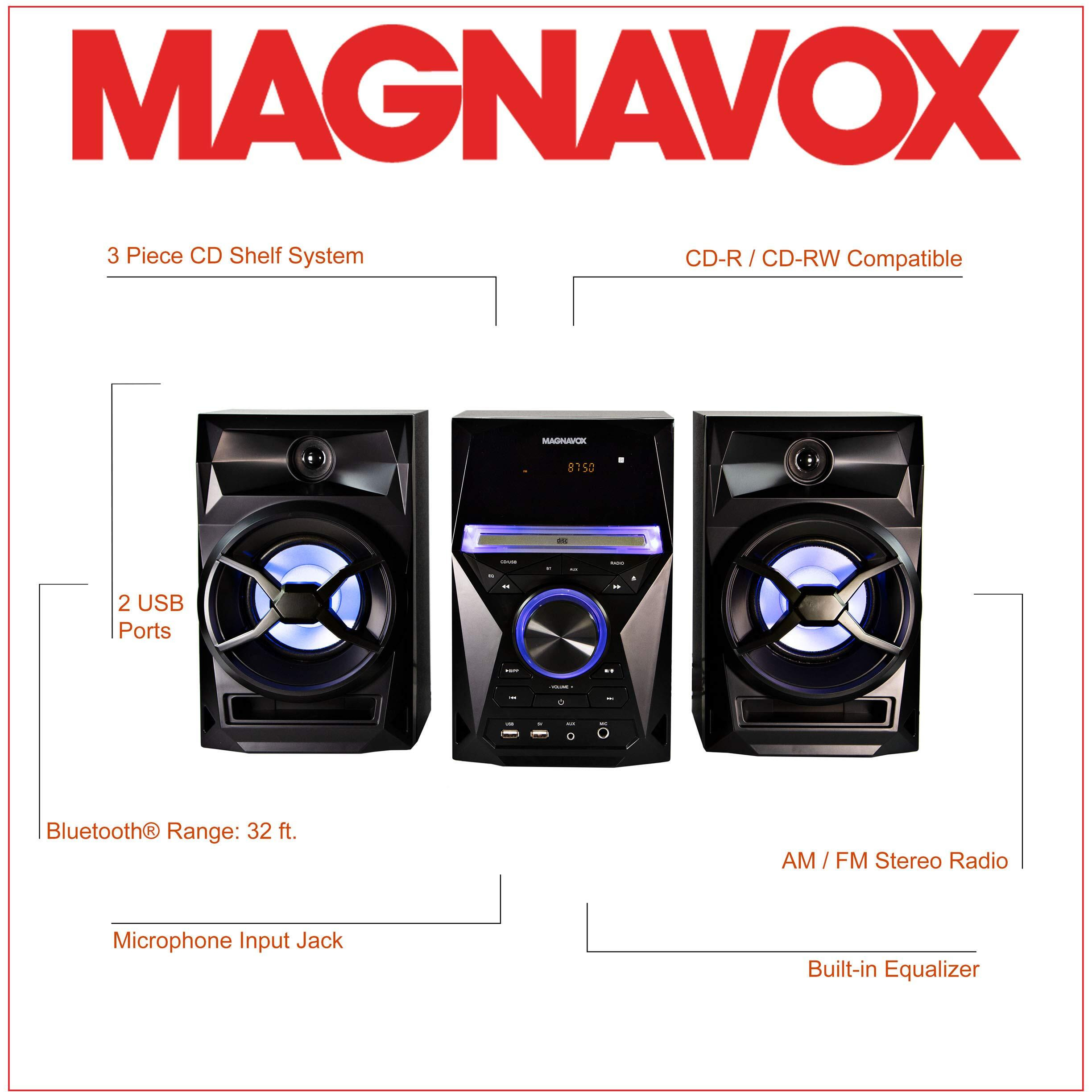 Magnavox 3-Piece Cd Shelf System With Bluetooth, Fm Radio, Remote Control, Colored Speaker Lights, Led Display, Aux Port - Black