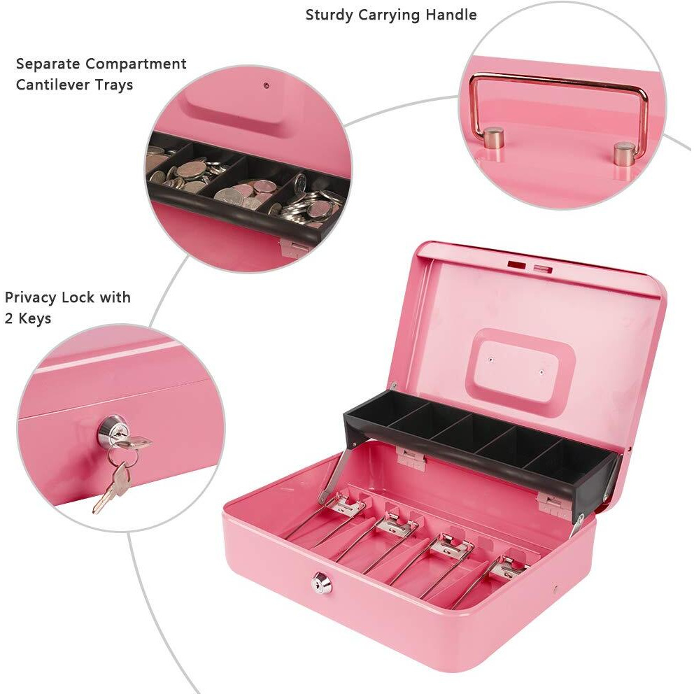 Kyodoled Locking Cash Box With Lock,Money Box With Cash Tray,Lock Safe Box With Key,Money Saving Organizer,11.81Lx 9.45Wx 3.54H Inches,Pink Xl Large
