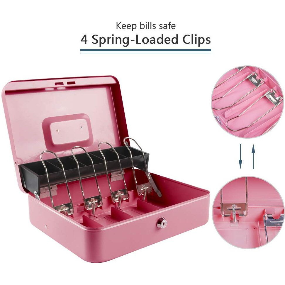 Kyodoled Locking Cash Box With Lock,Money Box With Cash Tray,Lock Safe Box With Key,Money Saving Organizer,11.81Lx 9.45Wx 3.54H Inches,Pink Xl Large