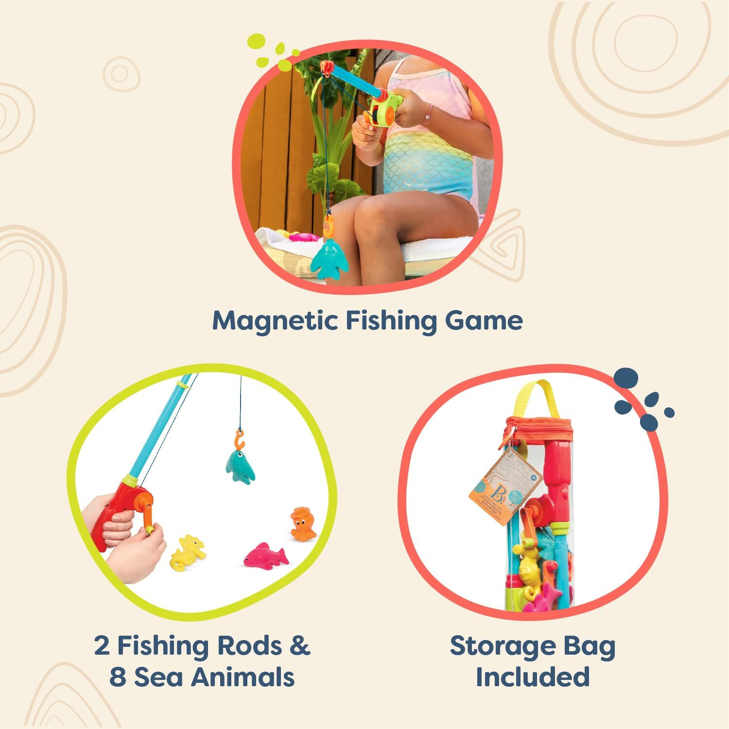 B. Toys- Little Fisher's Kit- Waterplay- Magnetic Fishing Play Set For Kids- Fishing Game - 2 Fishing Rods & 8 Sea Animals - Water Toys For Bath, Pool- 3 Years +