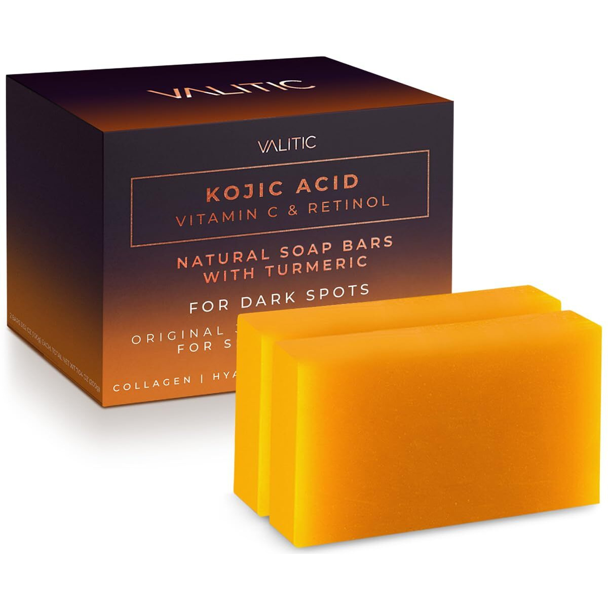Valitic Kojic Acid Vitamin C And Retinol Soap Bars With Turmeric For Dark Spot - Original Japanese Complex Infused With Collagen, Hyaluronic Acid, And Vitamin E (2 Pack)