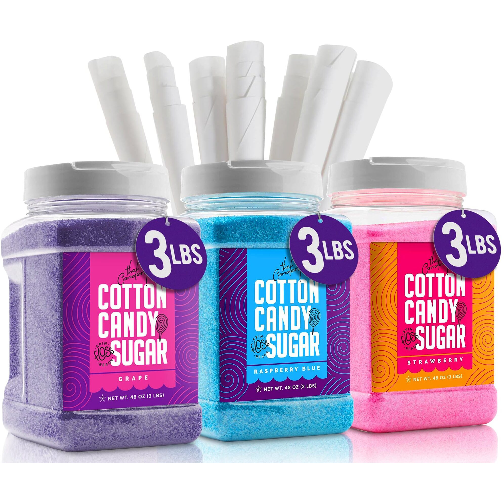 The Candery Cotton Candy Floss Sugar (3-Pack) Includes 100 Premium Cones (3-Pack 46Oz With 100 Cones)