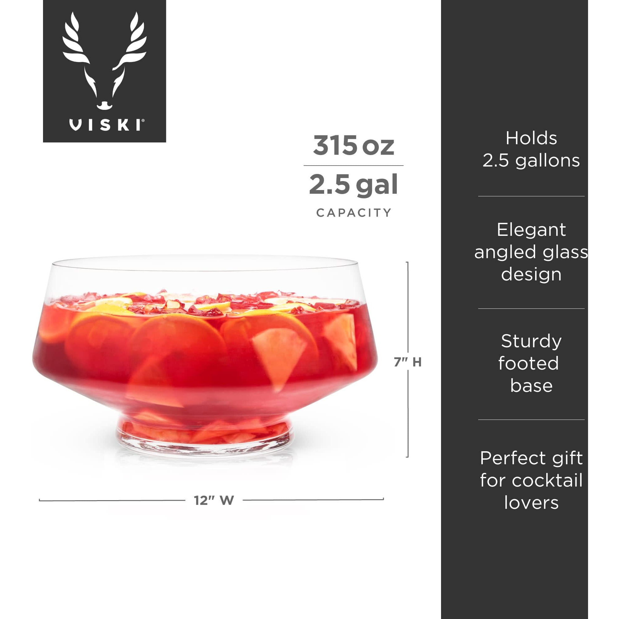 Viski Footed Glass Punch Bowl, Heavy Base Large Punch Bowl With Angled Design, Party Serveware For Cocktails & Functional Centerpiece, Clear, 2.5Gal
