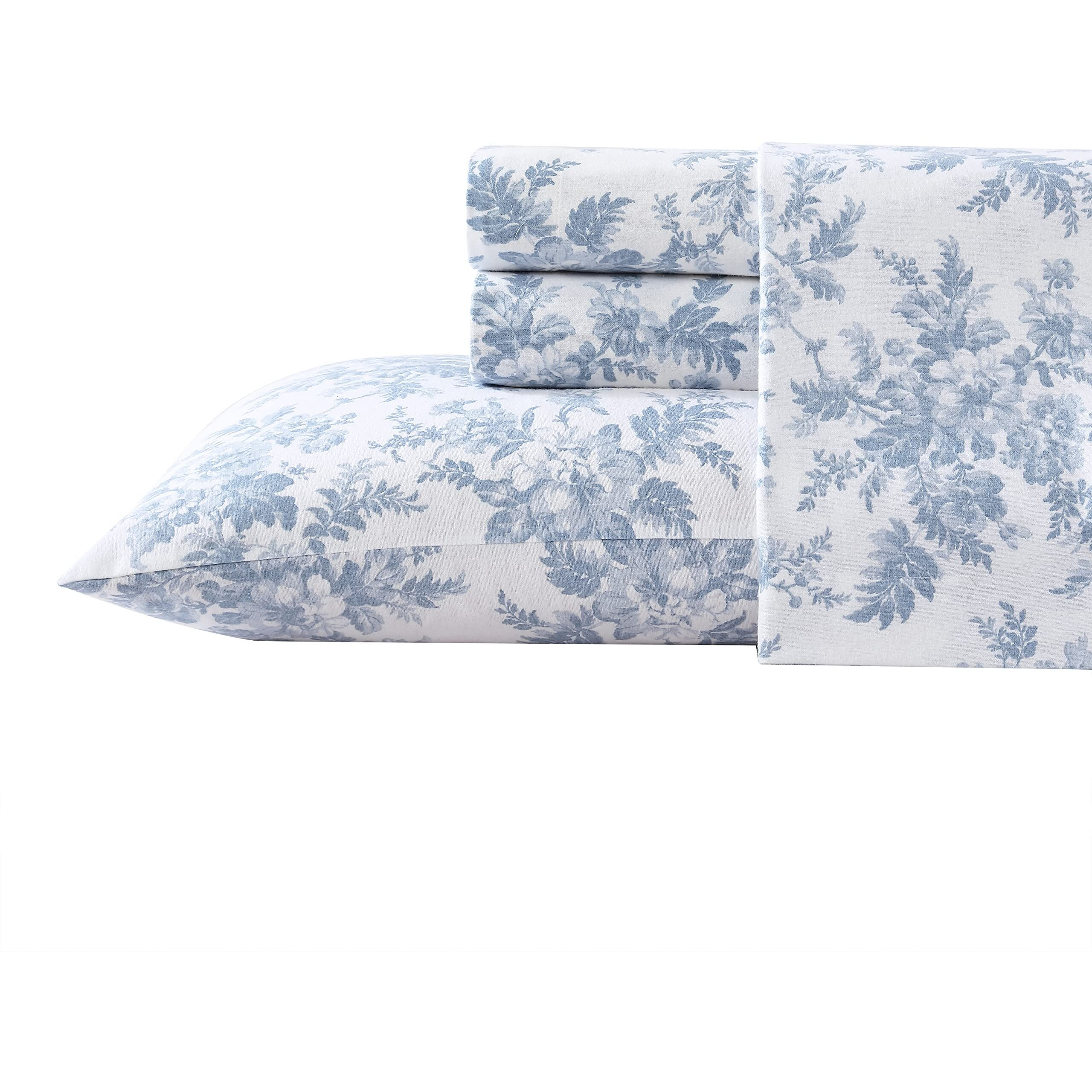 Laura Ashley - Twin Sheet Set, Cotton Flannel Bedding, Brushed For Extra Softness & Comfort (Vanessa Blue, Twin)