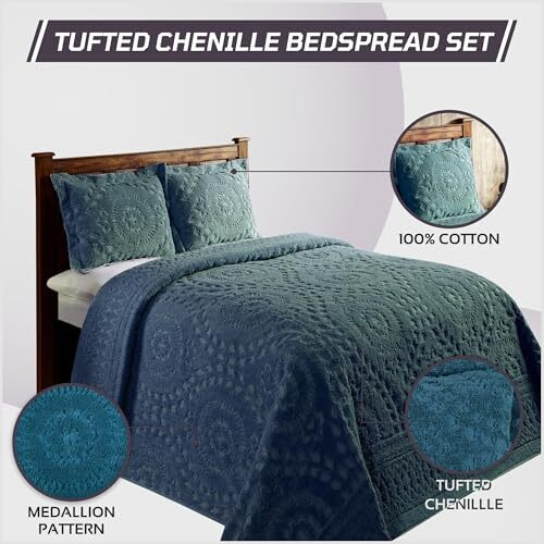 Better Trends 100% Cotton Chenille Coverlet Bedspread, Medallion Design Full/Double Size Bedspreads, 96"" X 110"" Teal Bedding Soft Lightweight, All Season