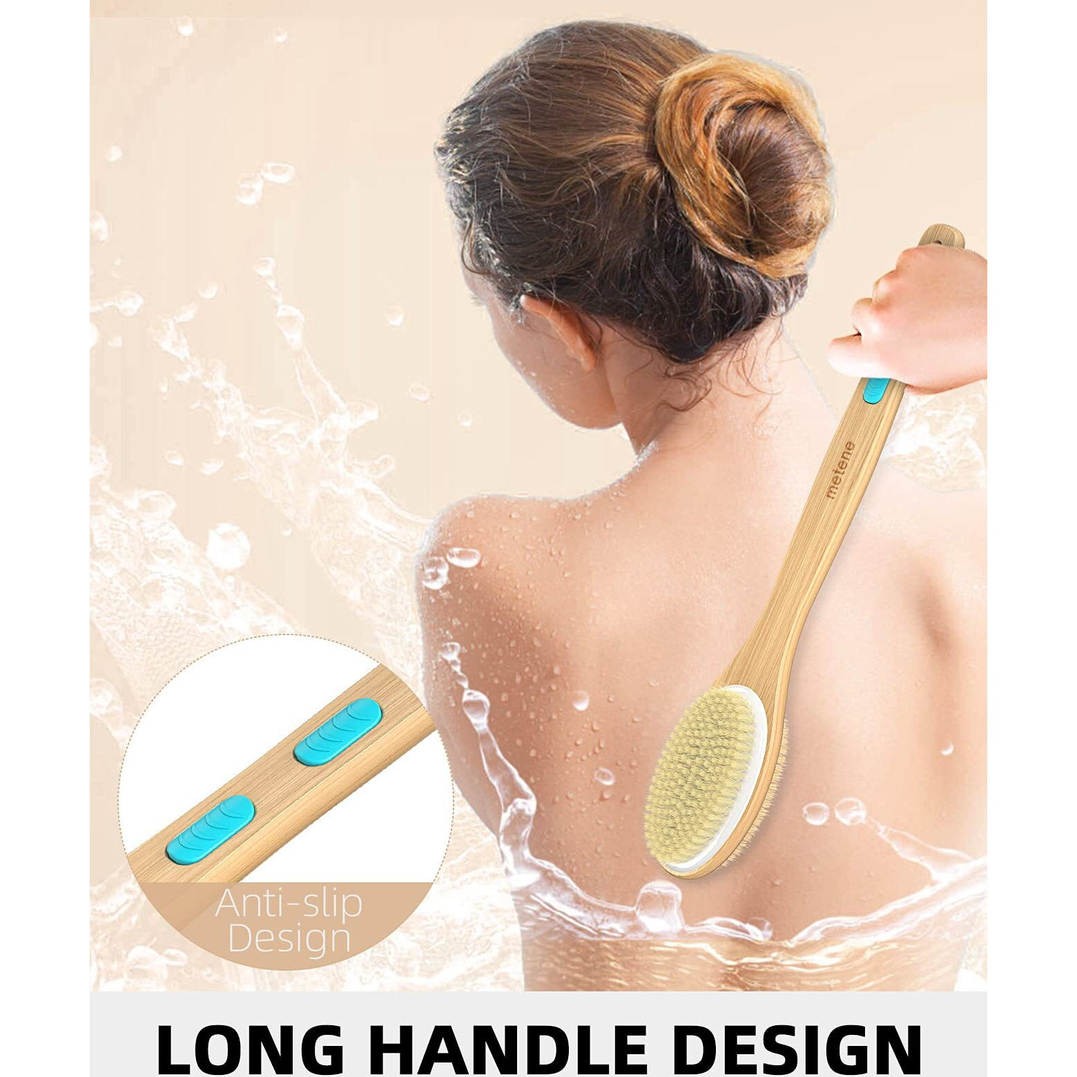Metene Shower Brush With Soft And Stiff Bristles, Bath Dual-Sided Long Handle Back Scrubber Body Exfoliator For Wet Or Dry Brushing