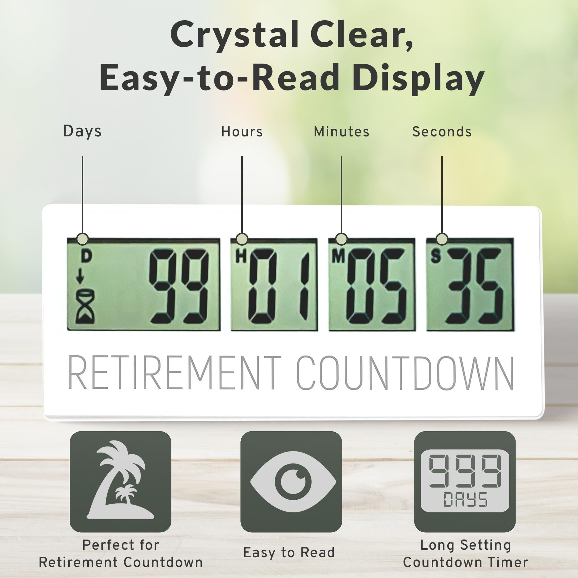 Countables Retirement Countdown Clock - Up To 999 Days Lcd Digital Timer - Easy To Set And Read Retirement Countdown Timer - Large Display Timers - Reusable For Wedding, Pregnancy Count Down & More
