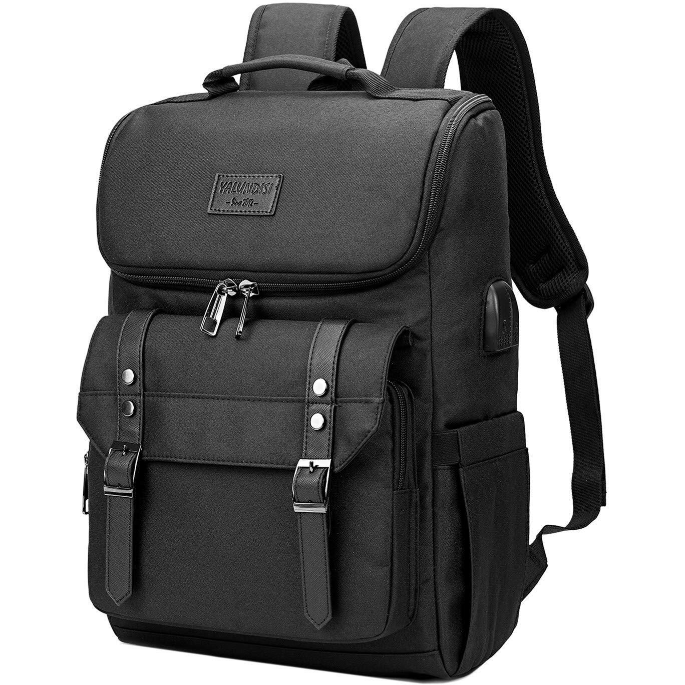 Yalundisi Vintage Backpack Travel Laptop Backpack With Usb Charging Port For Women & Men College Backpack Fits 15.6 Inch Laptop Black
