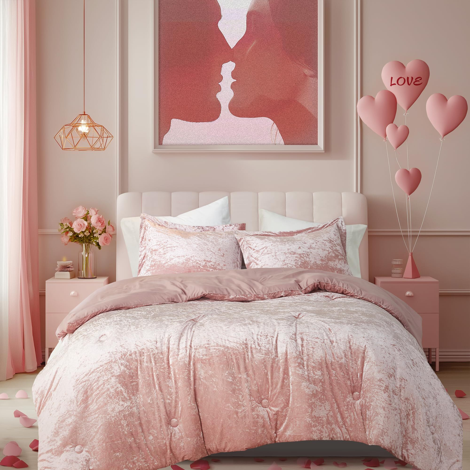 Comfort Spaces Juliette Luxe Comforter Set Velvet Lush With Soft Brushed Microfiber Reverse, All Season Cozy Velvet Bedding Sets, Fluffy Comforter Bed Set, Matching Sham, Blush Full/Queen 3 Piece