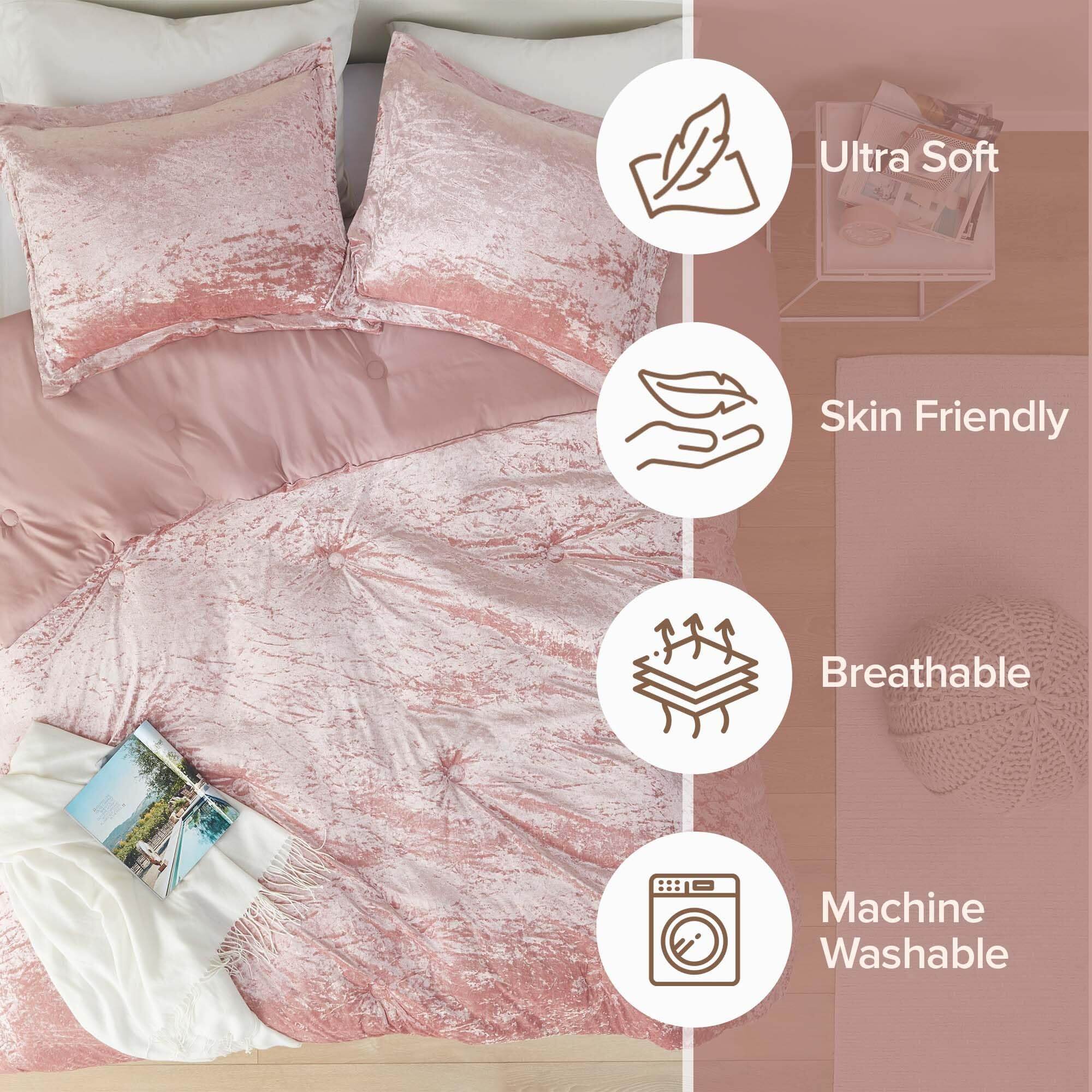 Comfort Spaces Juliette Luxe Comforter Set Velvet Lush With Soft Brushed Microfiber Reverse, All Season Cozy Velvet Bedding Sets, Fluffy Comforter Bed Set, Matching Sham, Blush Full/Queen 3 Piece