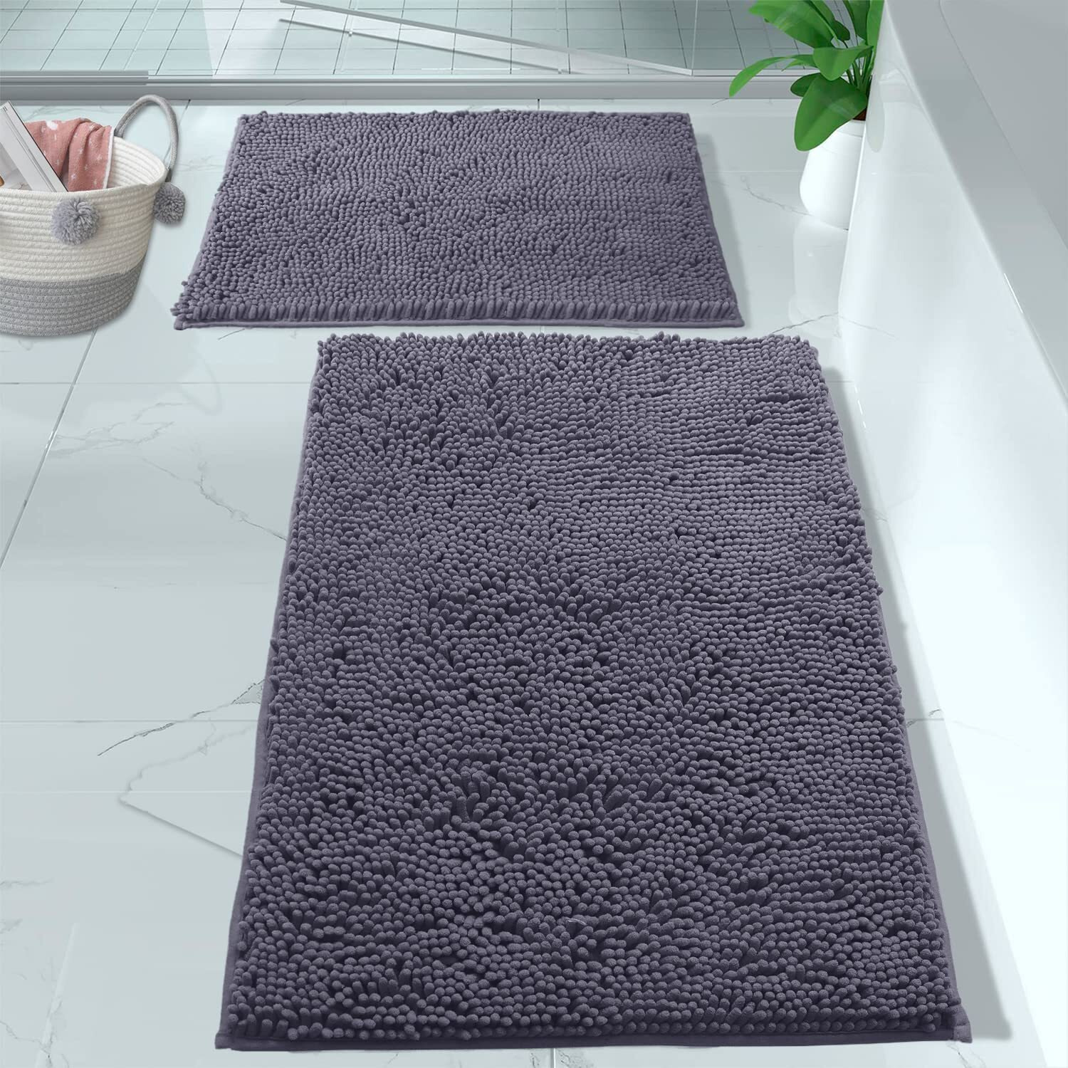Luxurux 2 Piece Bathroom Rug Set - Premium Plush Bath Mat Shower Rugs, 1"" Chenille Microfiber, Non-Slip & Absorbent, Soft & Cozy, Durable Stylish (20X30 & 16X24 Inches, Dark Grey)