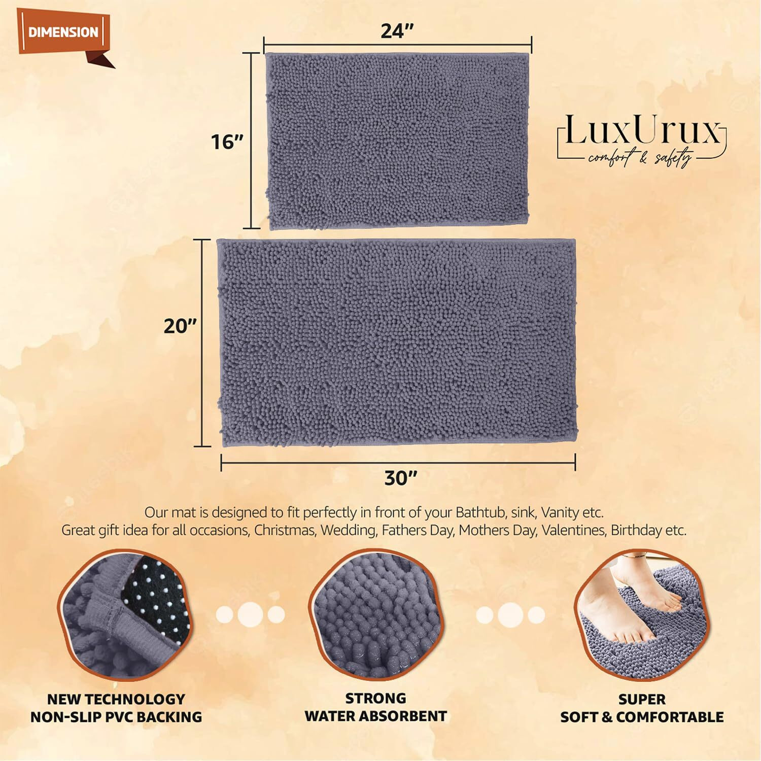 Luxurux 2 Piece Bathroom Rug Set - Premium Plush Bath Mat Shower Rugs, 1"" Chenille Microfiber, Non-Slip & Absorbent, Soft & Cozy, Durable Stylish (20X30 & 16X24 Inches, Dark Grey)