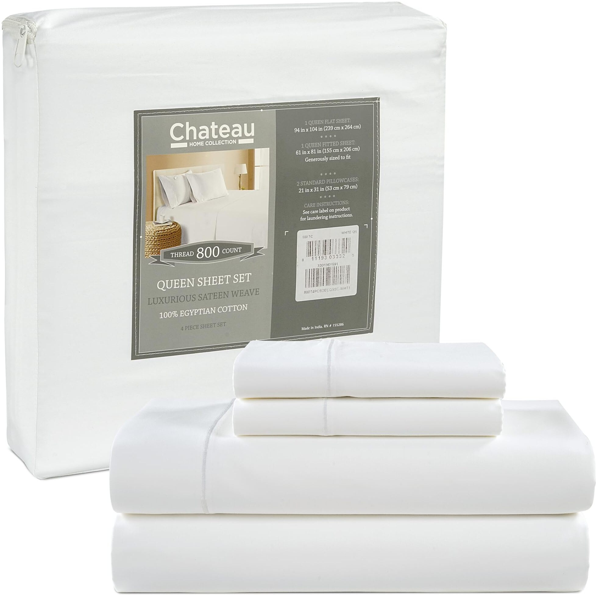 Egyptian Cotton Sheets For Queen Size Bed, Certified 800 Thread Count Queen Sheet Set, Luxury Sateen Weave Cotton Queen Bed Sheets Queen Sheets Deep Pocket, Egyptian Cotton Sheets Queen Size - White