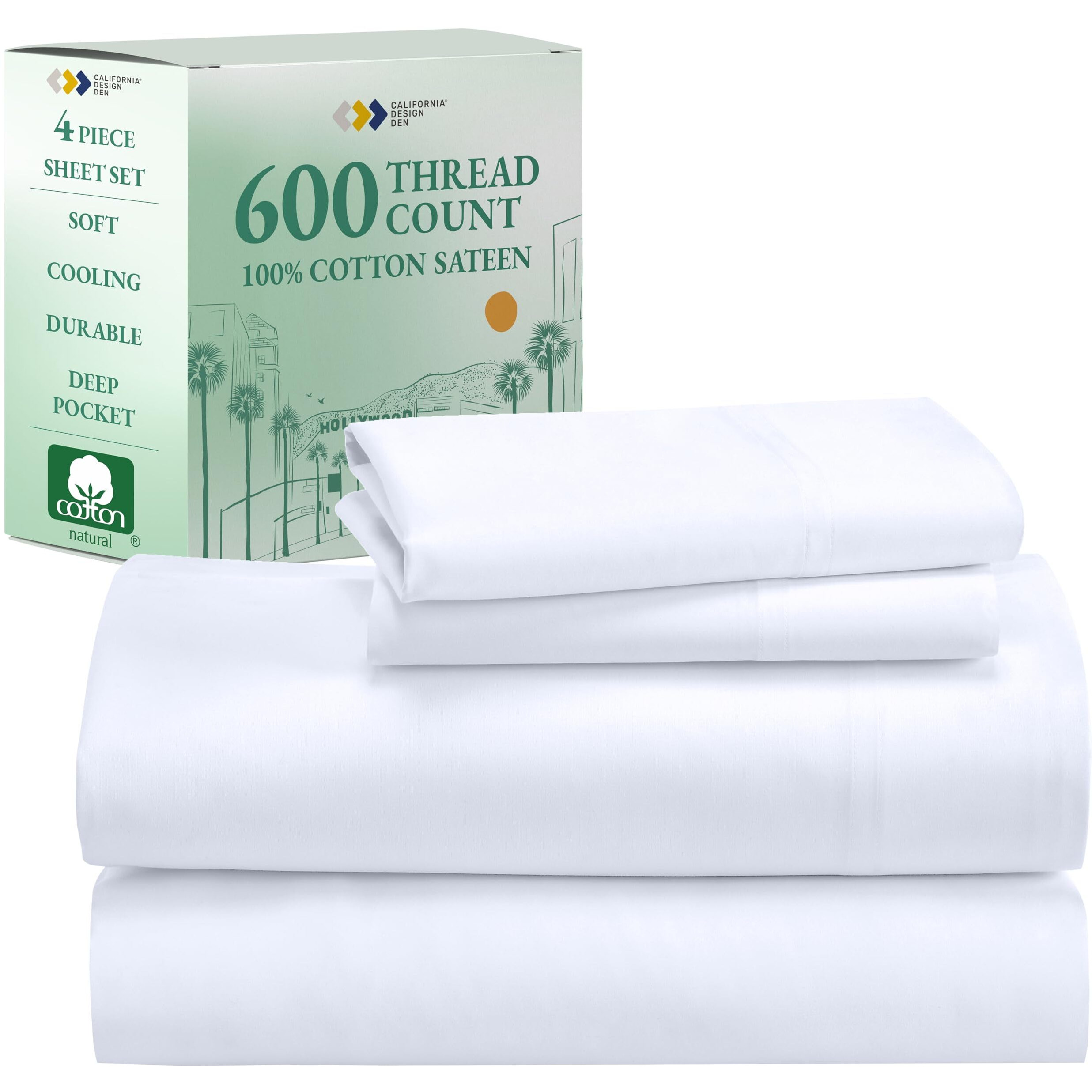 California Design Den Queen Size Sheet Set, 600 Thread Count 100% Cotton Sheets, Luxury Deep Pocket Queen Sheets Cotton Sateen, Hotel-Quality Queen Sheet Set - White Sheets