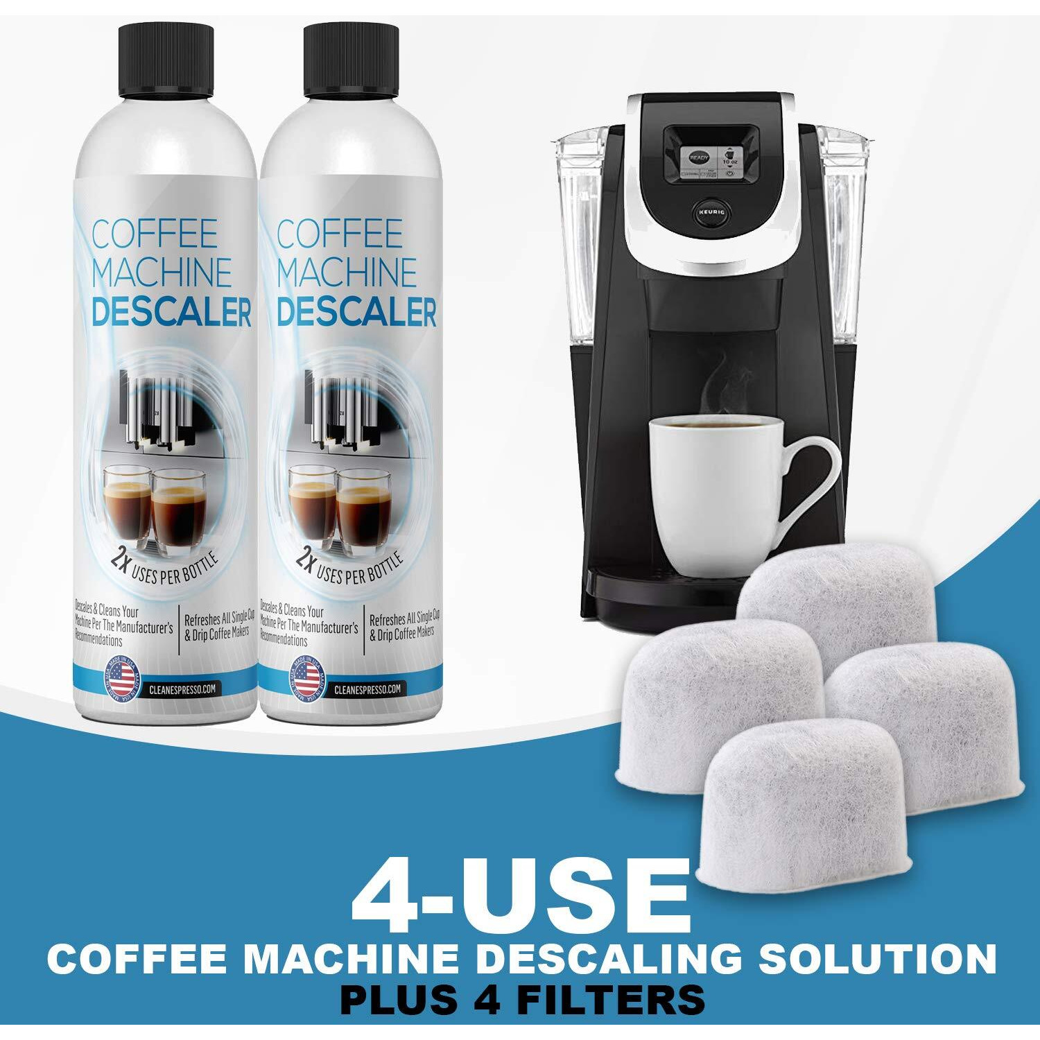 Keurig Compatible Descaling Solution - Descaler Cleaner Concentrate Kit For All 1.0 & 2.0 K-Cup Pod Machines And Espresso Machines - (2 Bottles, 4 Uses Plus 4 Filters)