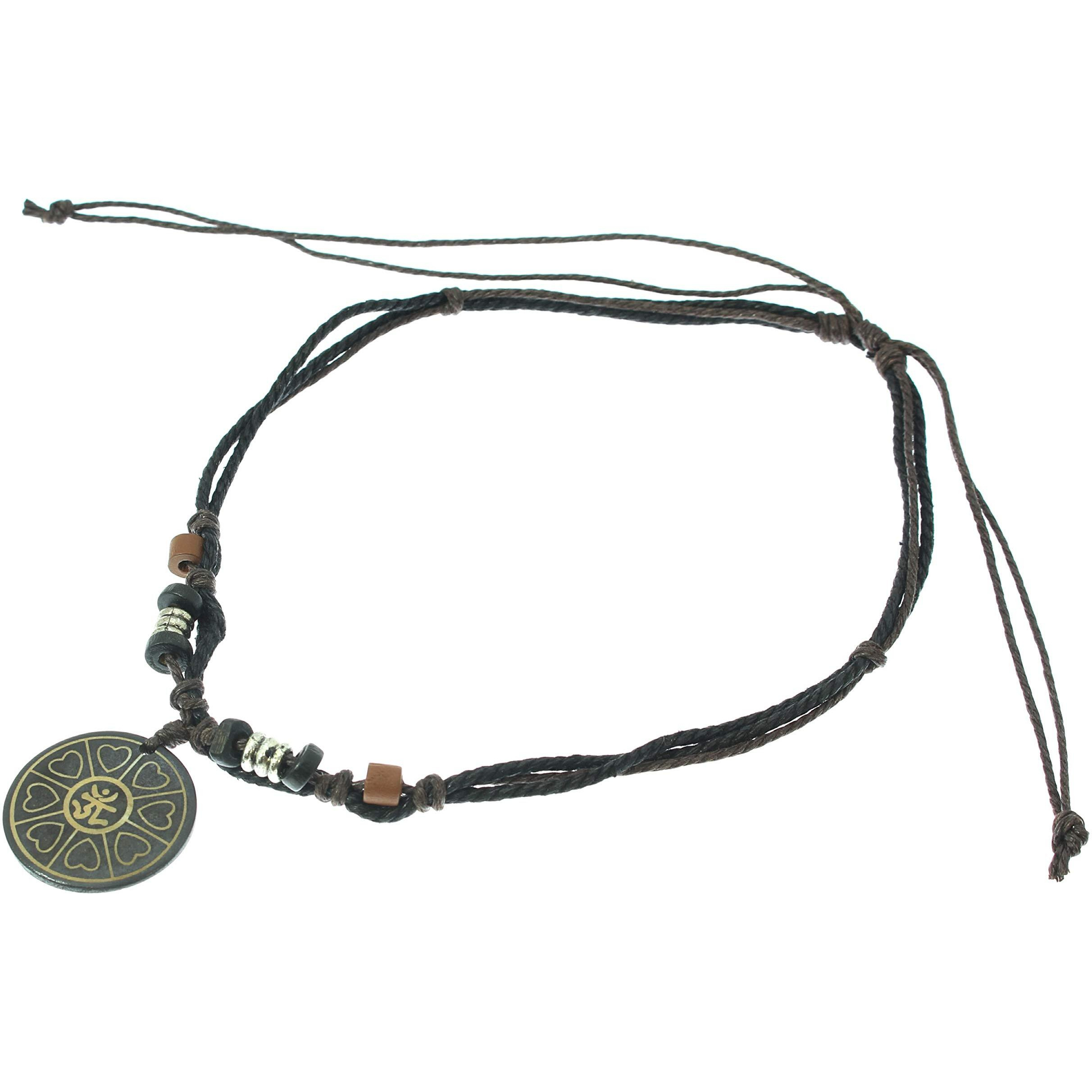 Surfer Cord Necklace With Ying Yang Carved Bone Pendant - Fully Adjustable - Black & Brown Cord