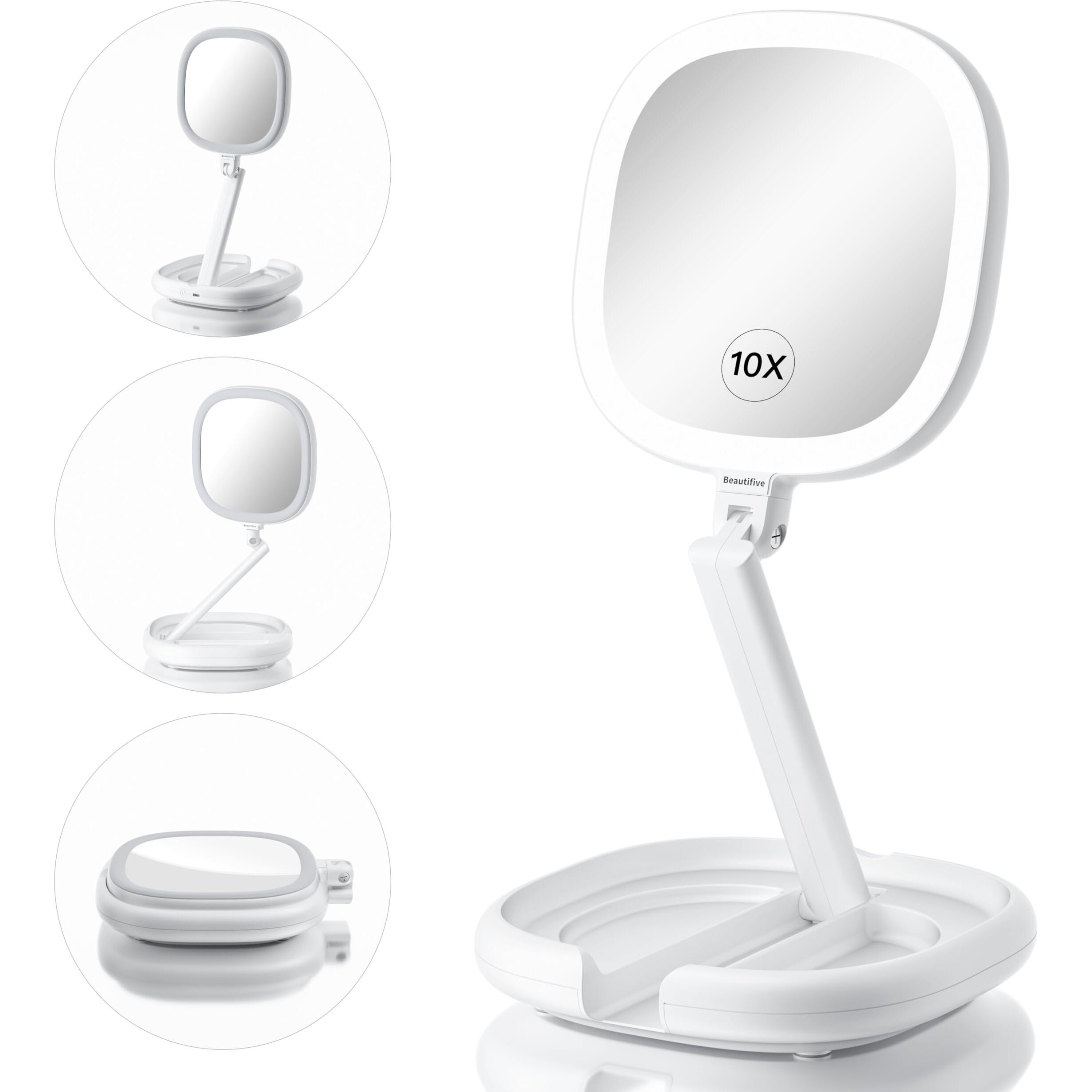 Beautifive Makeup Mirror With Light And Magnification, 10X/1X Light Up Makeup Mirror Travel Lighted Make Up Mirror With Adjustable Height Double Sides Folding Magnifying Mirror With Light