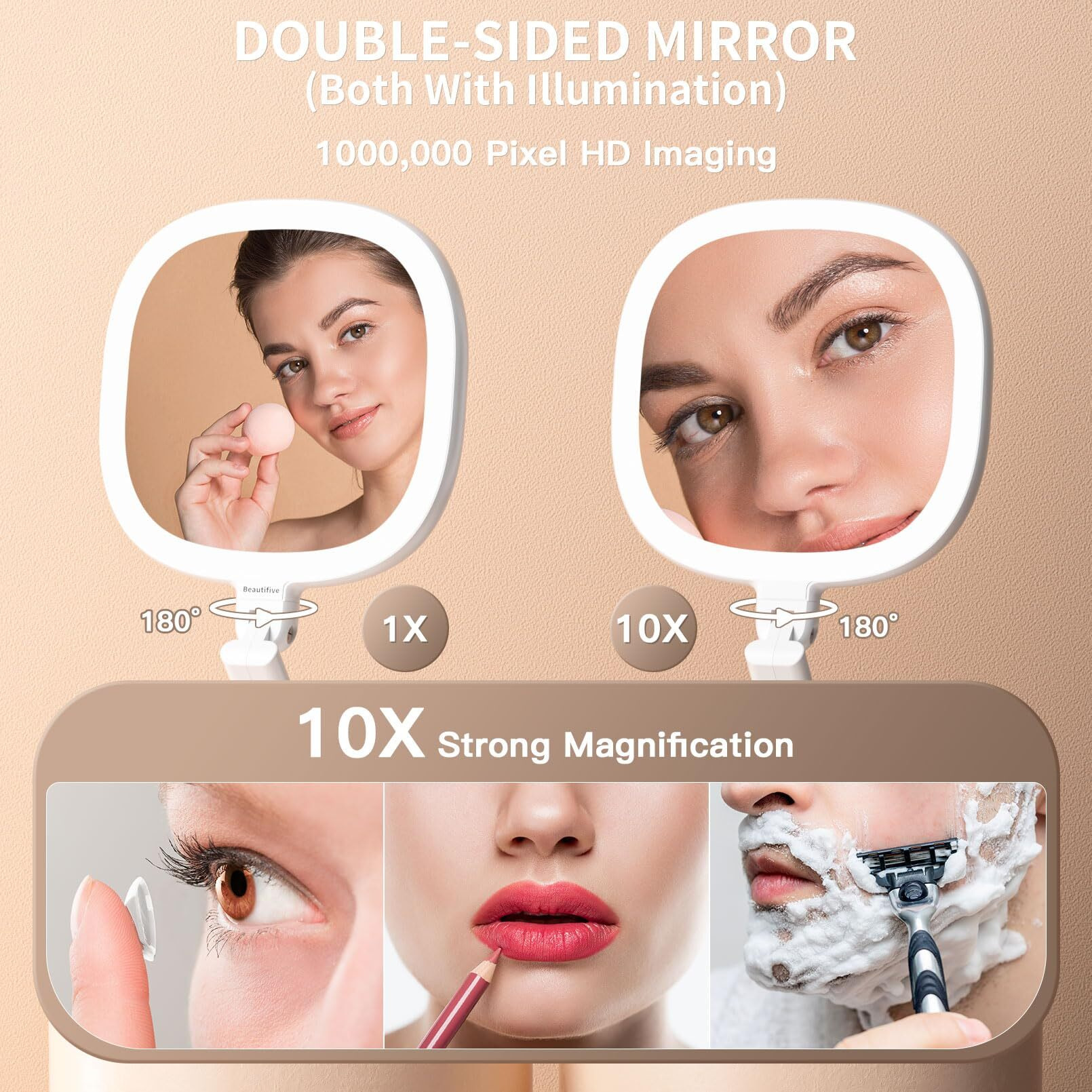 Beautifive Makeup Mirror With Light And Magnification, 10X/1X Light Up Makeup Mirror Travel Lighted Make Up Mirror With Adjustable Height Double Sides Folding Magnifying Mirror With Light