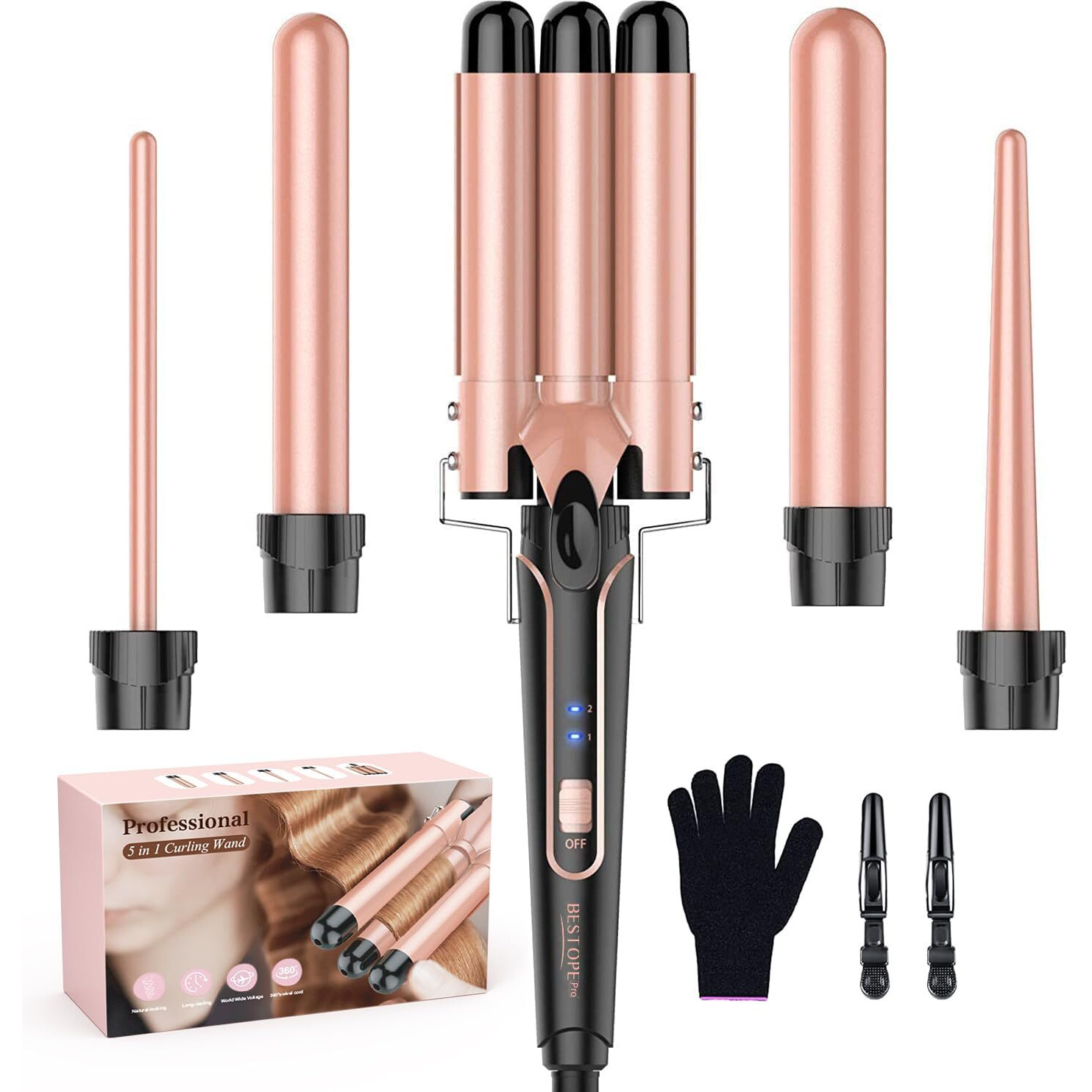 Waver Curling Iron Wand, Bestope Pro 5 In 1 Curling Wand Set With 3 Barrel Hair Crimper For Women, Fast Heating Hair Wand Curler In All Hair Type