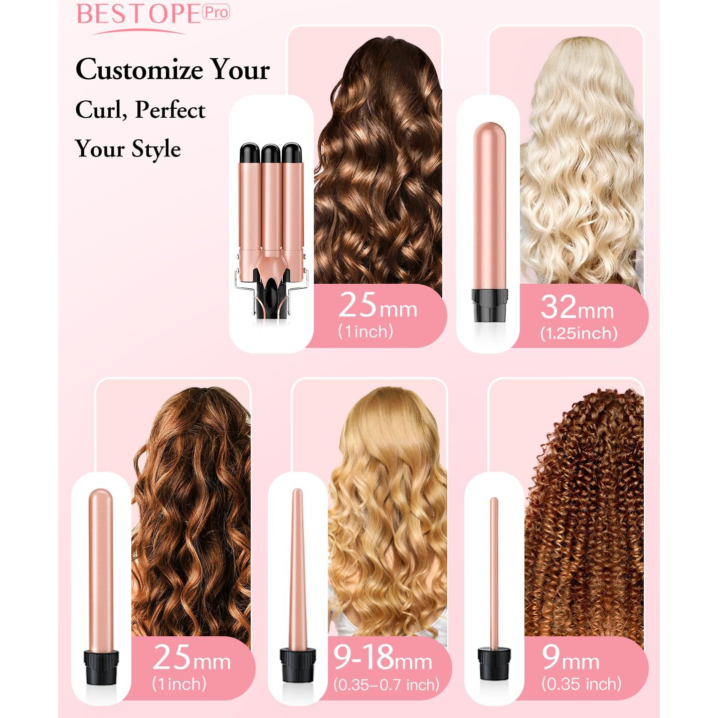 Waver Curling Iron Wand, Bestope Pro 5 In 1 Curling Wand Set With 3 Barrel Hair Crimper For Women, Fast Heating Hair Wand Curler In All Hair Type