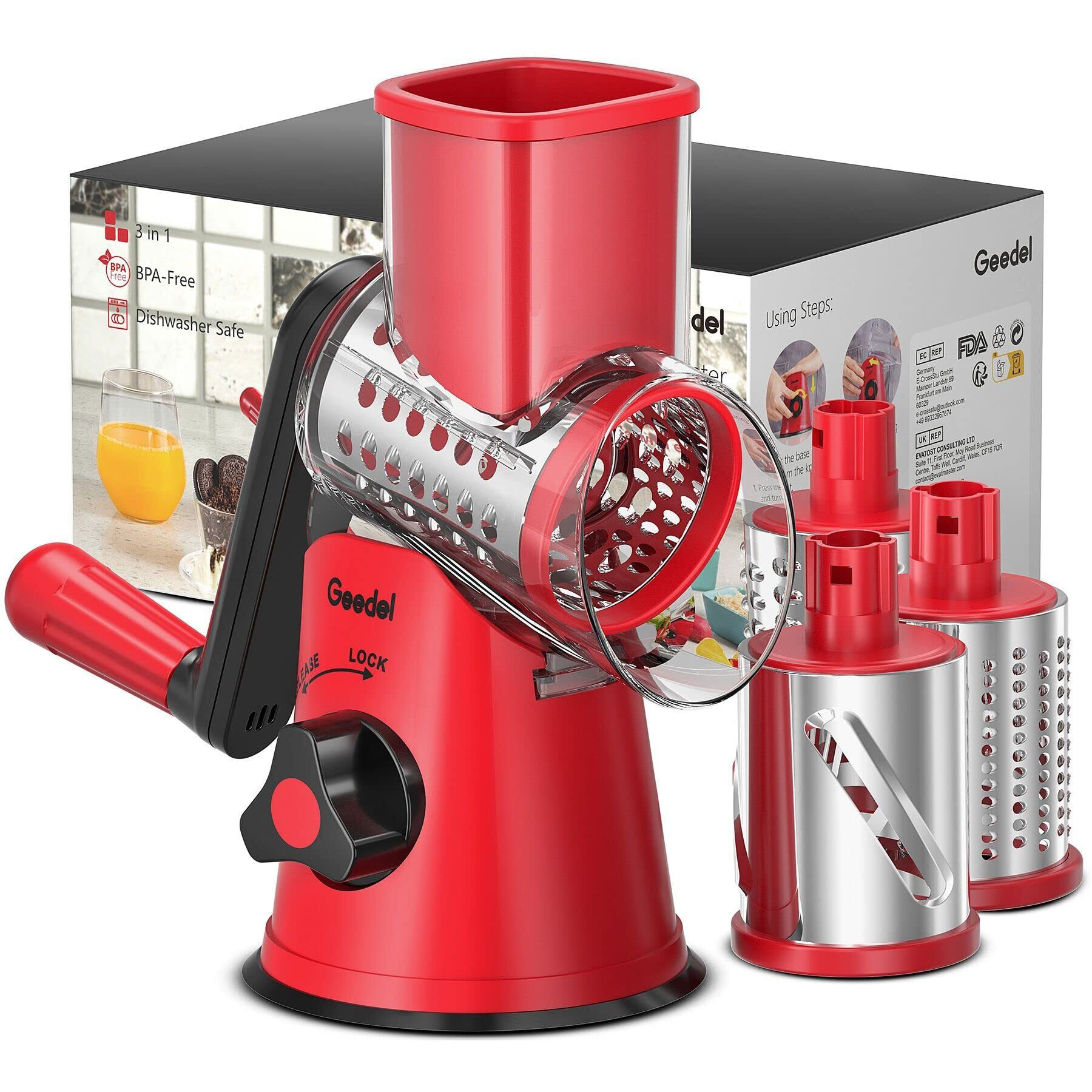 Geedel Rotary Cheese Grater, Kitchen Mandoline Vegetable Slicer With 3 Interchangeable Blades, Easy To Clean Grater For Fruit, Vegetables, Nuts
