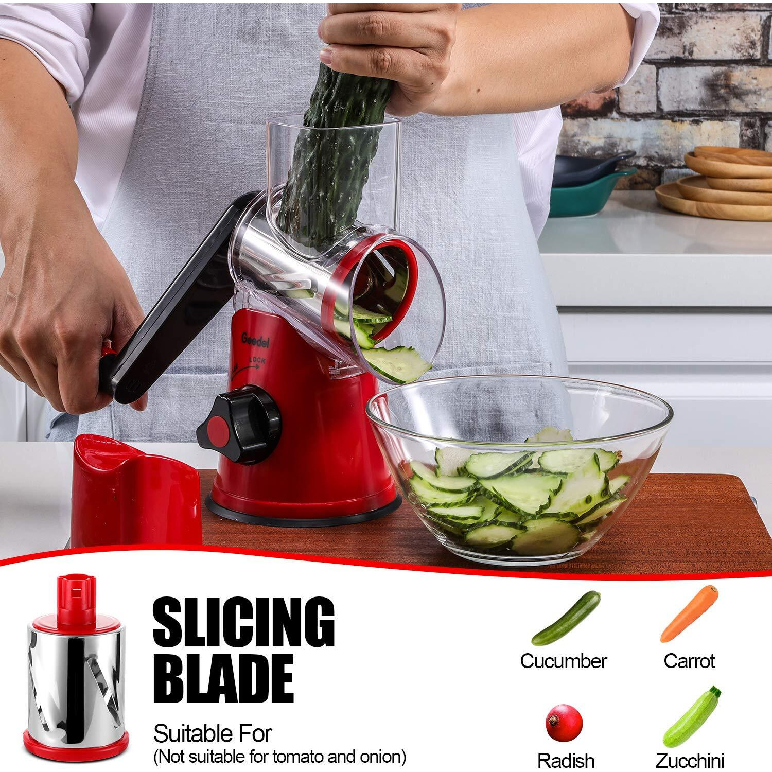 Geedel Rotary Cheese Grater, Kitchen Mandoline Vegetable Slicer With 3 Interchangeable Blades, Easy To Clean Grater For Fruit, Vegetables, Nuts