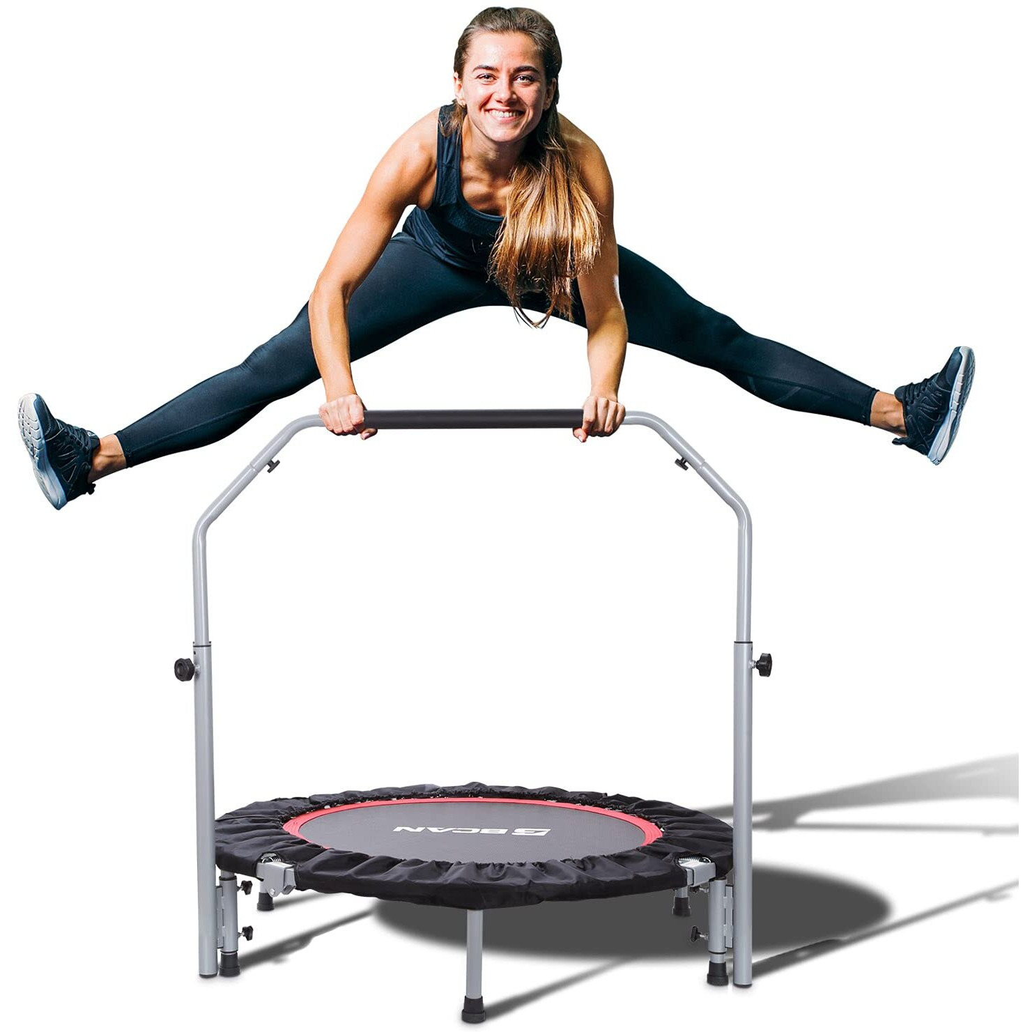 Bcan 40/48&quot&quot Foldable Mini Trampoline Max Load 330Lbs/440Lbs, Fitness Rebounder With Adjustable Foam Handle, Exercise Trampoline For Adults Indoor/Garden Workout, Black