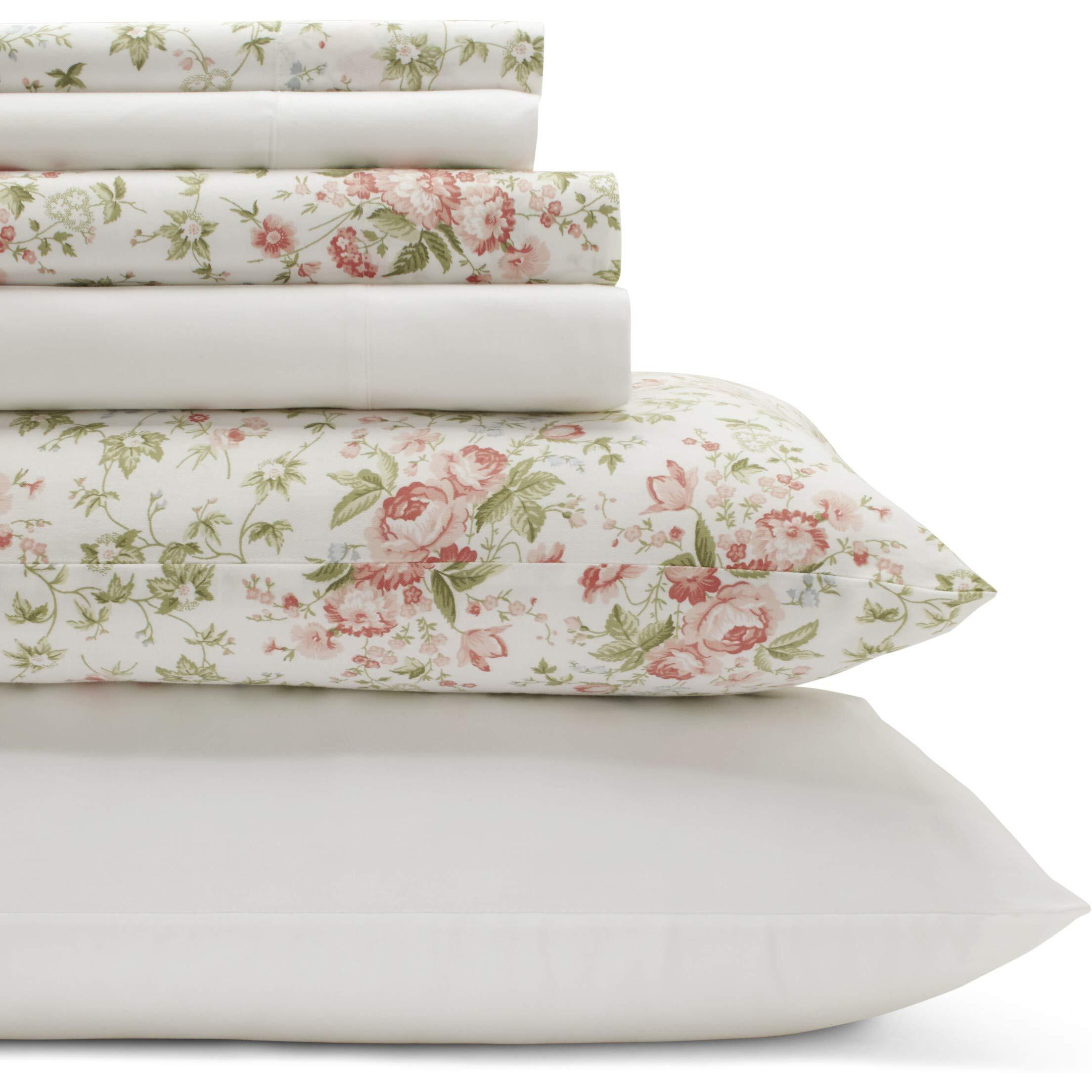 Laura Ashley - Queen Sheets, Cotton Percale 6-Piece Bedding Set, Crisp & Cool Home Decor (Marissa Coral, Queen)