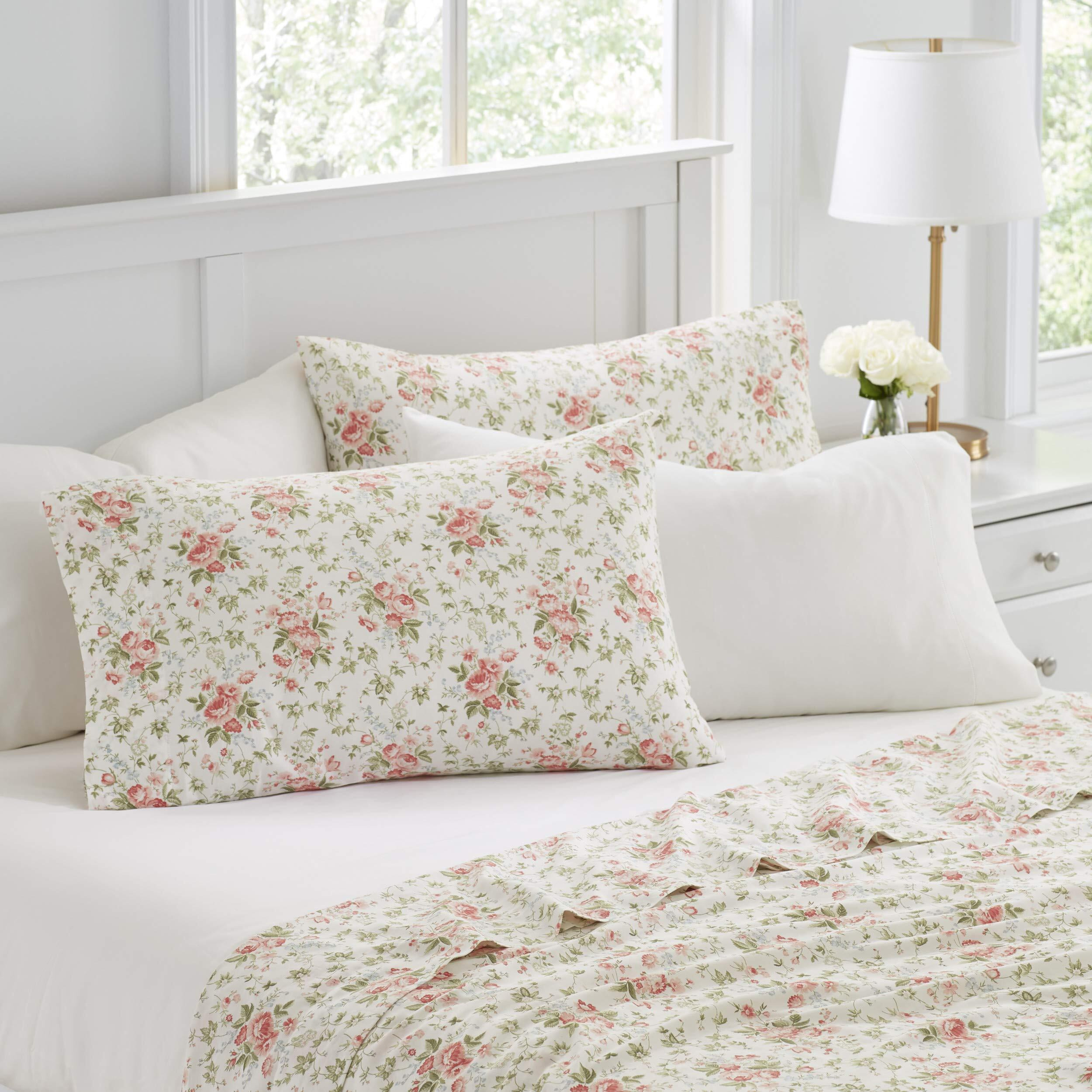 Laura Ashley - Queen Sheets, Cotton Percale 6-Piece Bedding Set, Crisp & Cool Home Decor (Marissa Coral, Queen)
