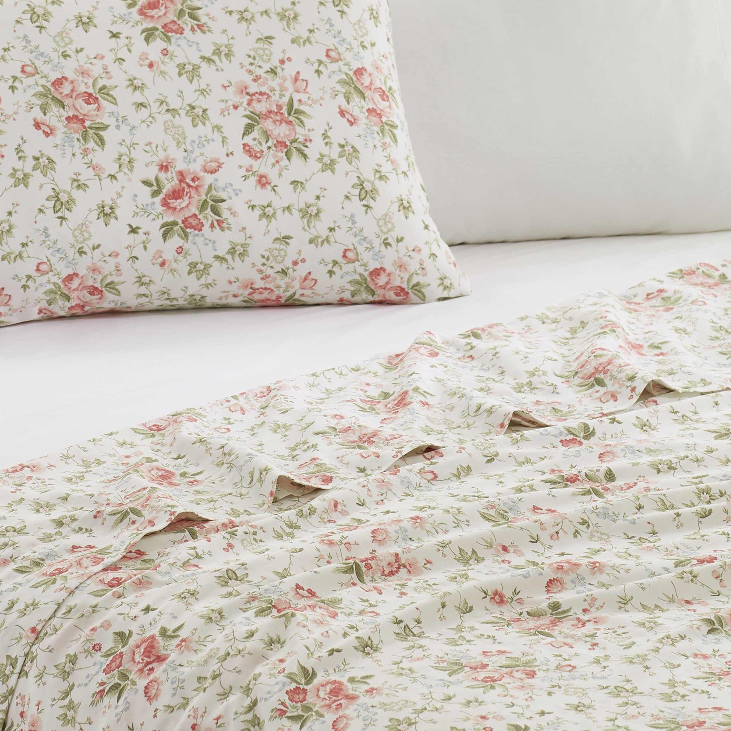 Laura Ashley - Queen Sheets, Cotton Percale 6-Piece Bedding Set, Crisp & Cool Home Decor (Marissa Coral, Queen)