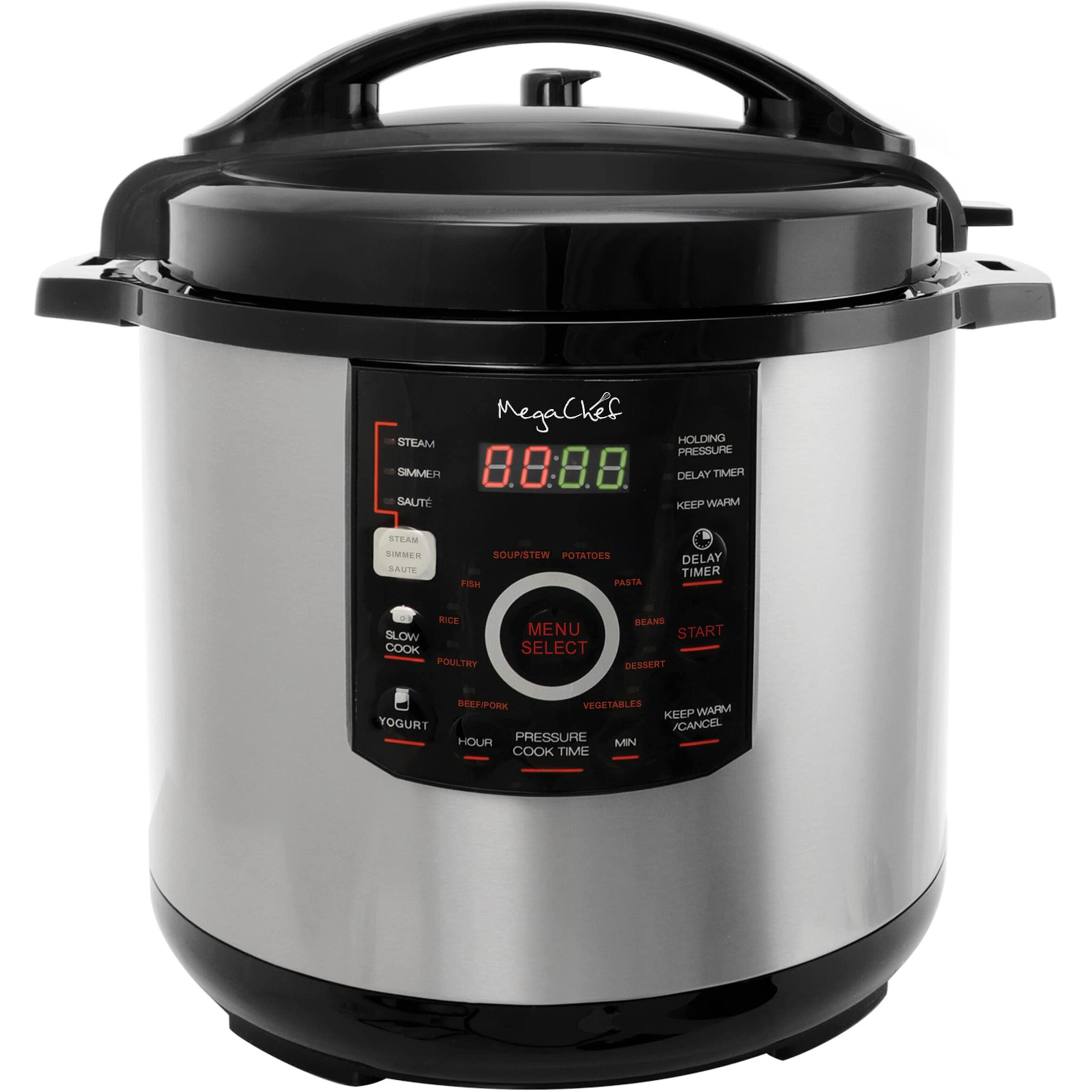 Megachef 12 Quart Digital Pressure Cooker With 15 Preset Options And Glass Lid, Silver
