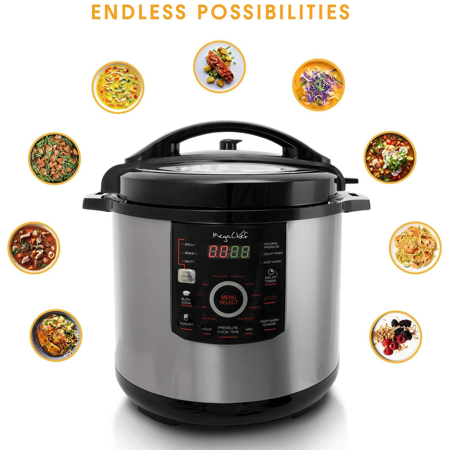 Megachef 12 Quart Digital Pressure Cooker With 15 Preset Options And Glass Lid, Silver