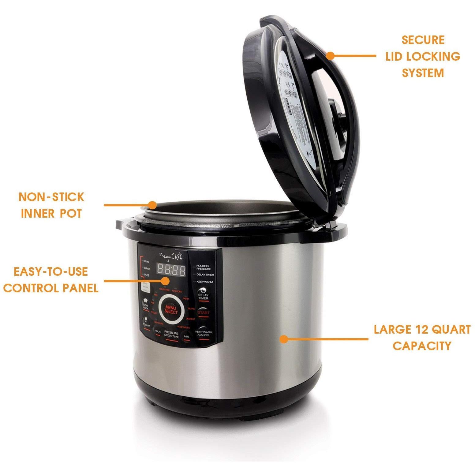 Megachef 12 Quart Digital Pressure Cooker With 15 Preset Options And Glass Lid, Silver