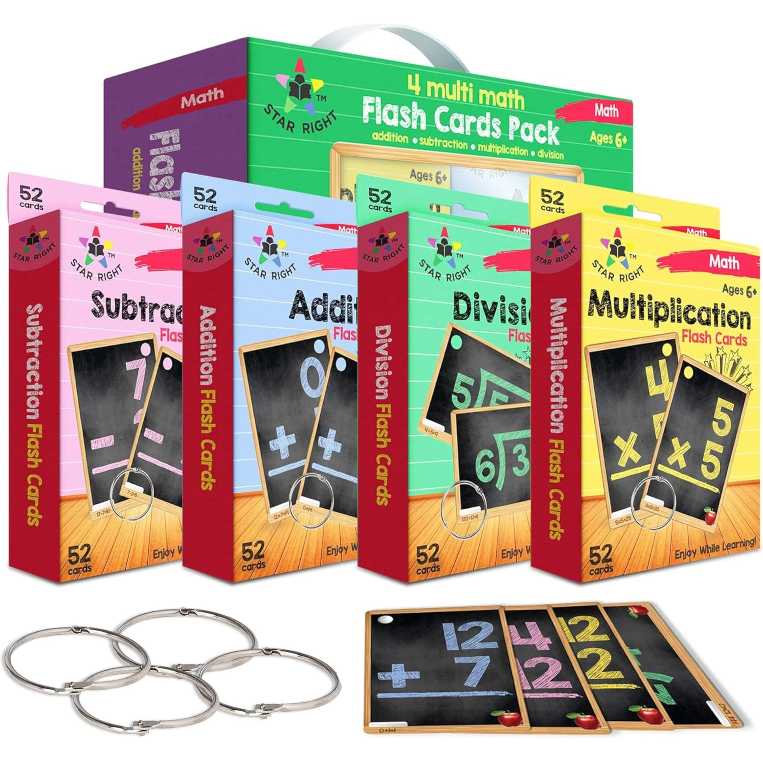 Star Right Math Flash Cards Set Of 4 - Math Flashcards Addition, Subtraction, Multiplication, Division With 4 Rings - 208 Cards For Kids Ages 6 And Above - Flash Cards For Math From 1St To 4Th Grade