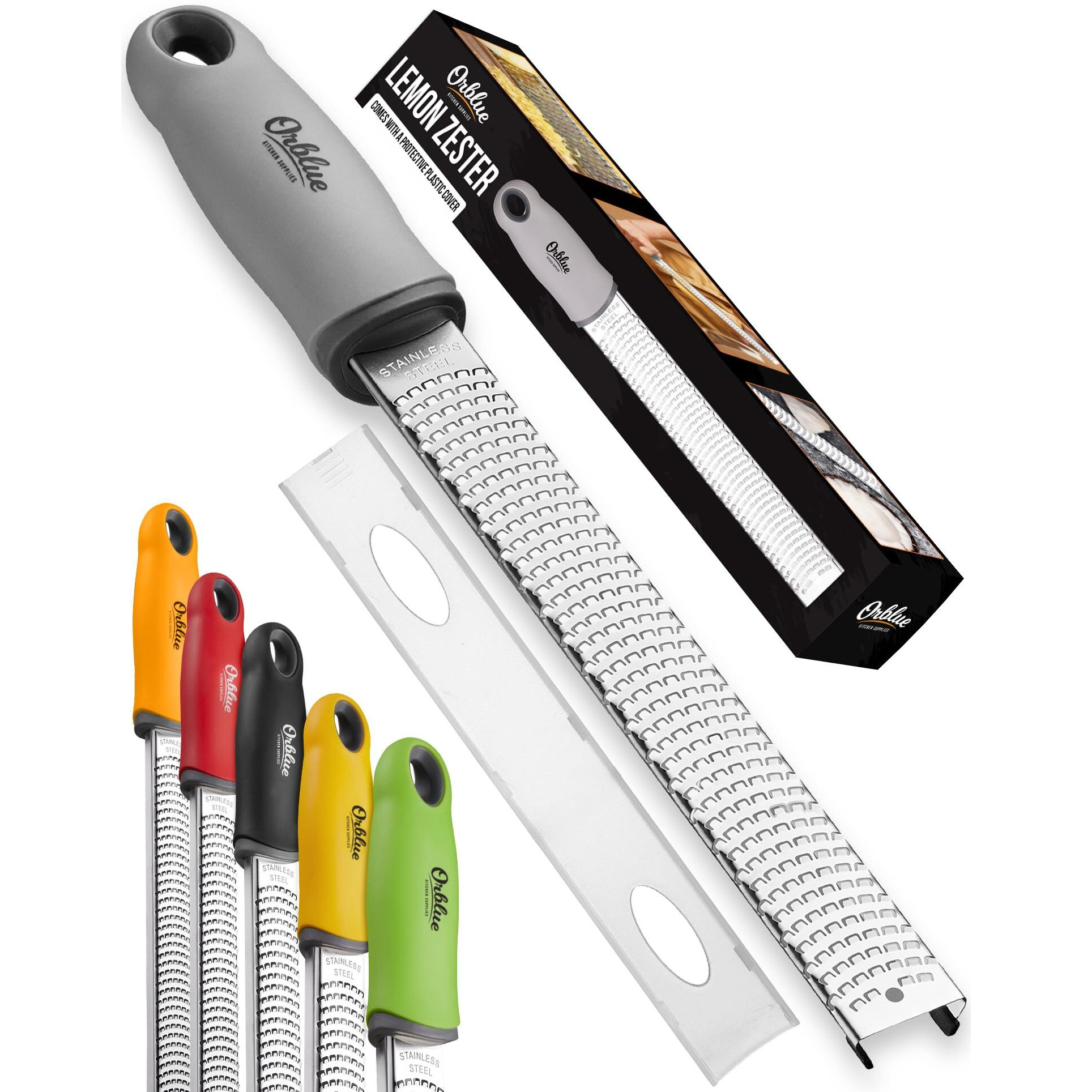 Orblue Lemon Zester & Cheese Grater - Premium Citrus Zester, Kitchen Grater For Parmesan, Chocolate, Fruits, Vegetables, Ginger, Garlic, Nutmeg - Stainless Steel Blades With Protective Cover, Gray