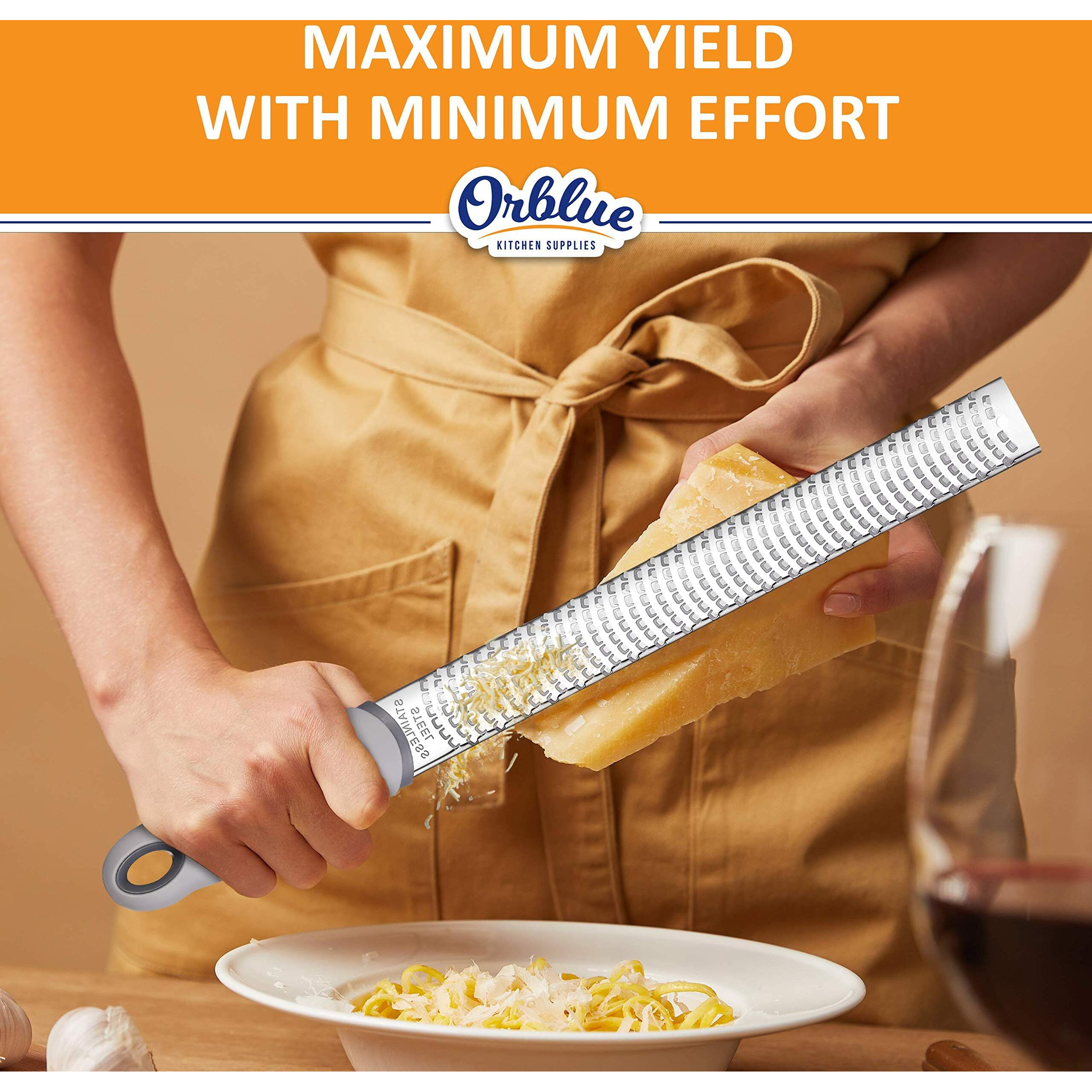 Orblue Lemon Zester & Cheese Grater - Premium Citrus Zester, Kitchen Grater For Parmesan, Chocolate, Fruits, Vegetables, Ginger, Garlic, Nutmeg - Stainless Steel Blades With Protective Cover, Gray