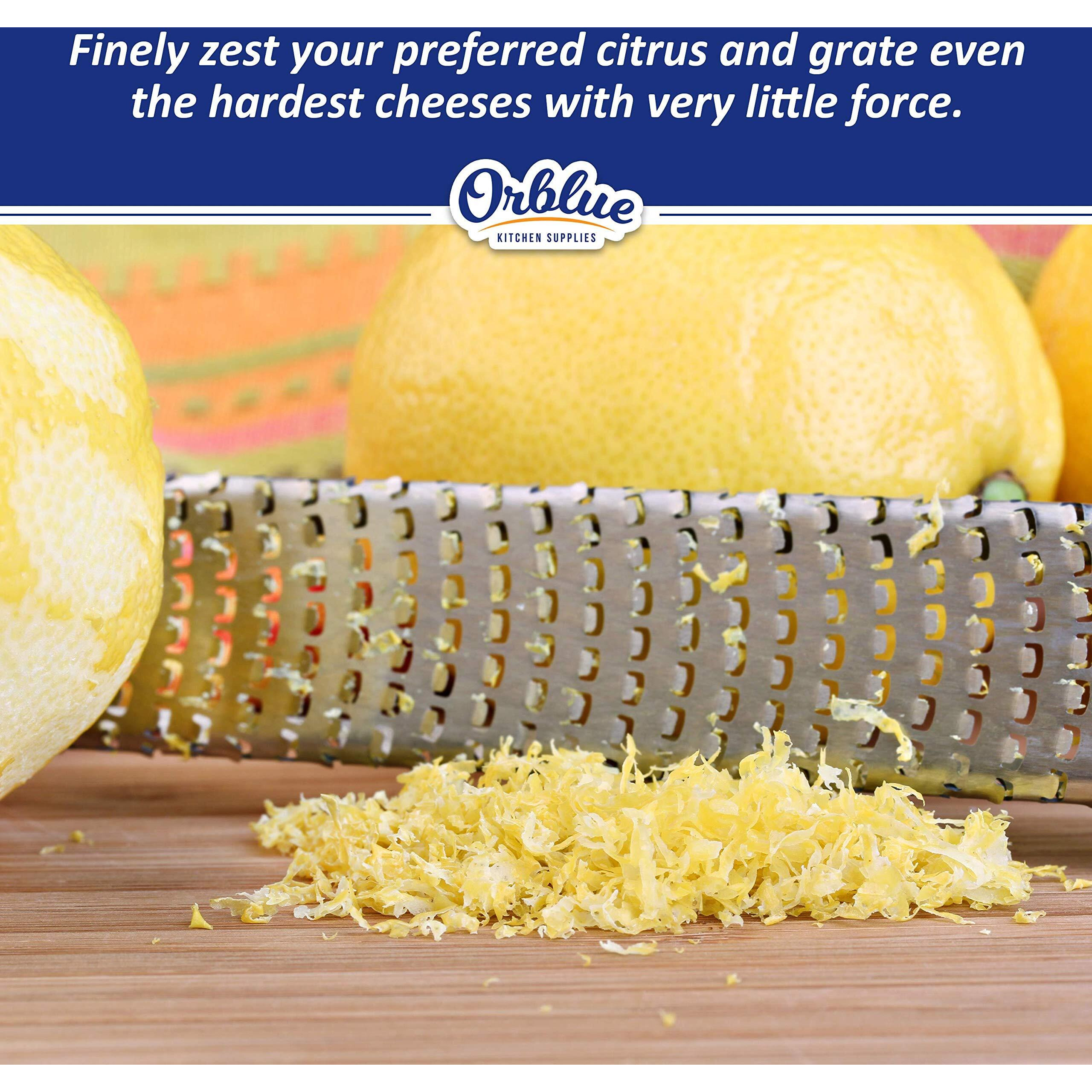 Orblue Lemon Zester & Cheese Grater - Premium Citrus Zester, Kitchen Grater For Parmesan, Chocolate, Fruits, Vegetables, Ginger, Garlic, Nutmeg - Stainless Steel Blades With Protective Cover, Gray