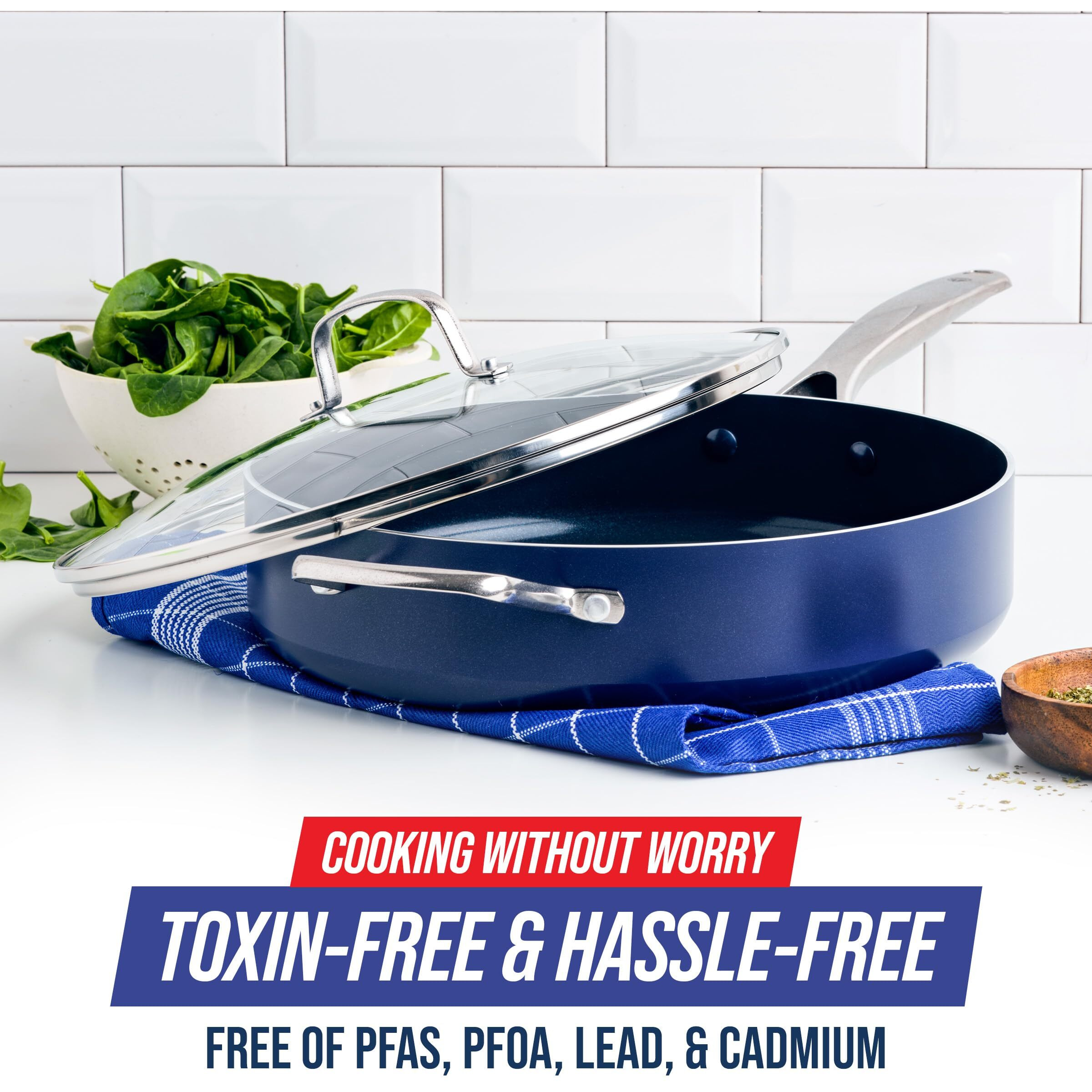 Blue Diamond 5Qt Saute Pan Jumbo Cooker Skillet With Helper Handle And Lid, Non-Toxic Pfas-Free Diamond Infused Healthy Ceramic Nonstick, Dishwasher Safe, Oven Safe, Metal Utensil Safe, Blue