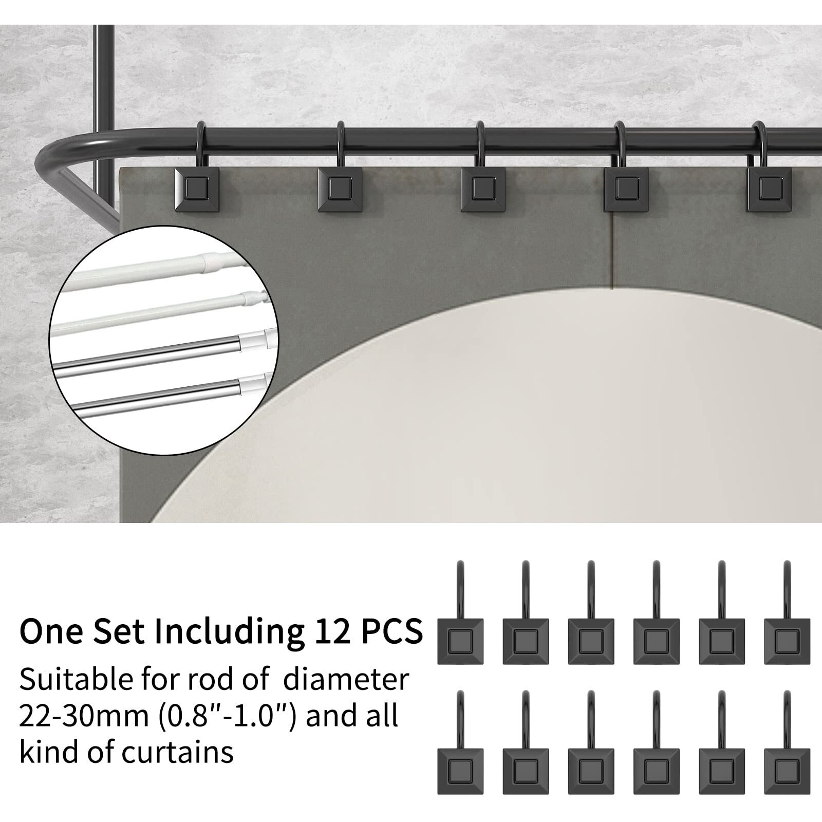 Gillas Shower Curtain Decorative Hooks, Set Of 12 Shower Curtain Rod Rings For Bathroom Rust Resistant Square, Black