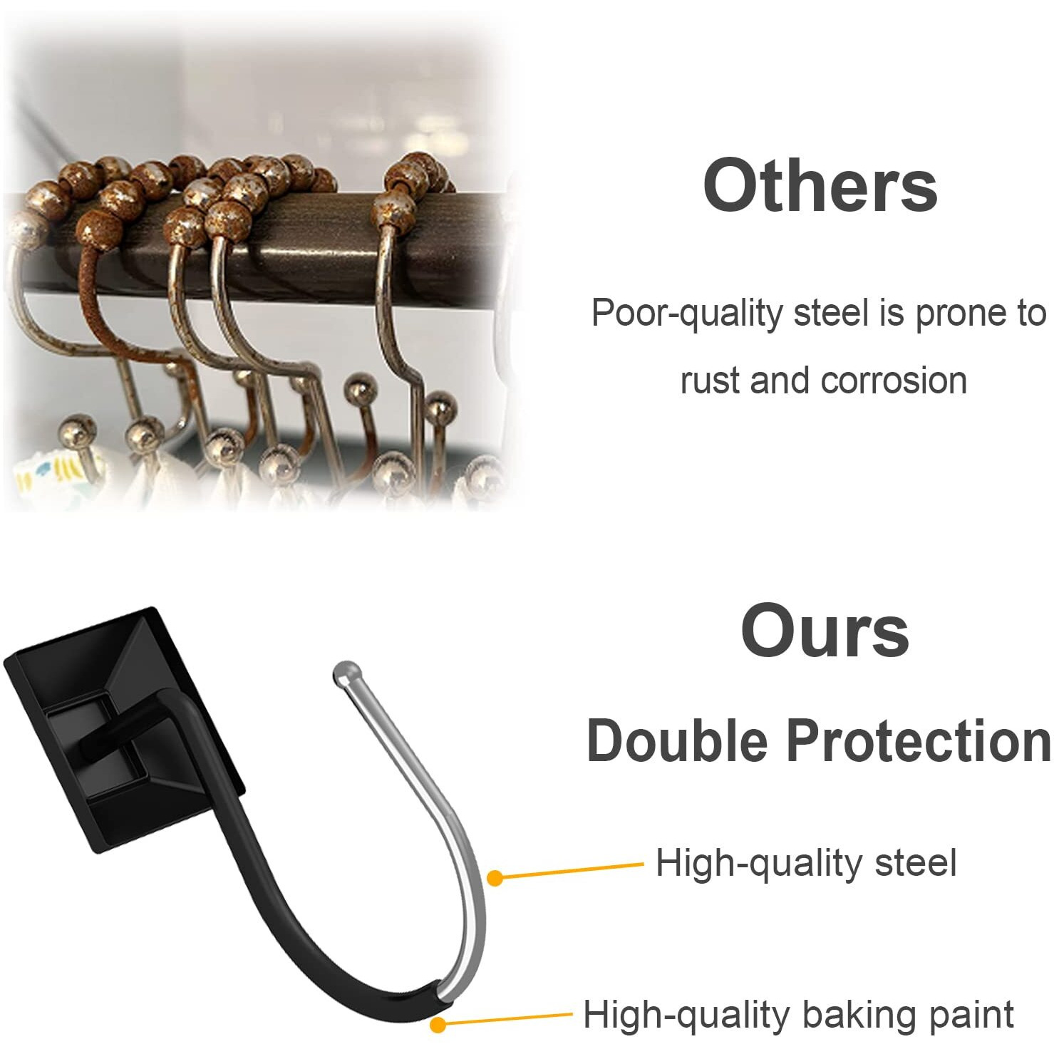 Gillas Shower Curtain Decorative Hooks, Set Of 12 Shower Curtain Rod Rings For Bathroom Rust Resistant Square, Black