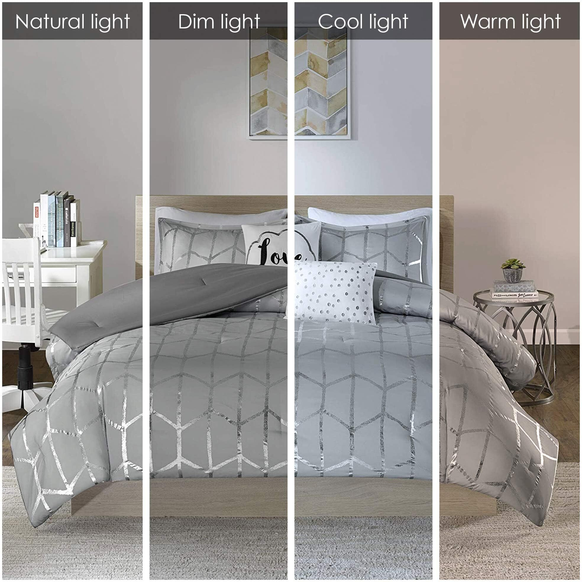Intelligent Design Raina King / Cal King Comforter Set, Soft Microfiber Comforter Set King, Modern Geometric Metallic Bed Set, 5 Pieces College Bedding Comforter Set With 2 Shams, 2 Toss Pillows Grey