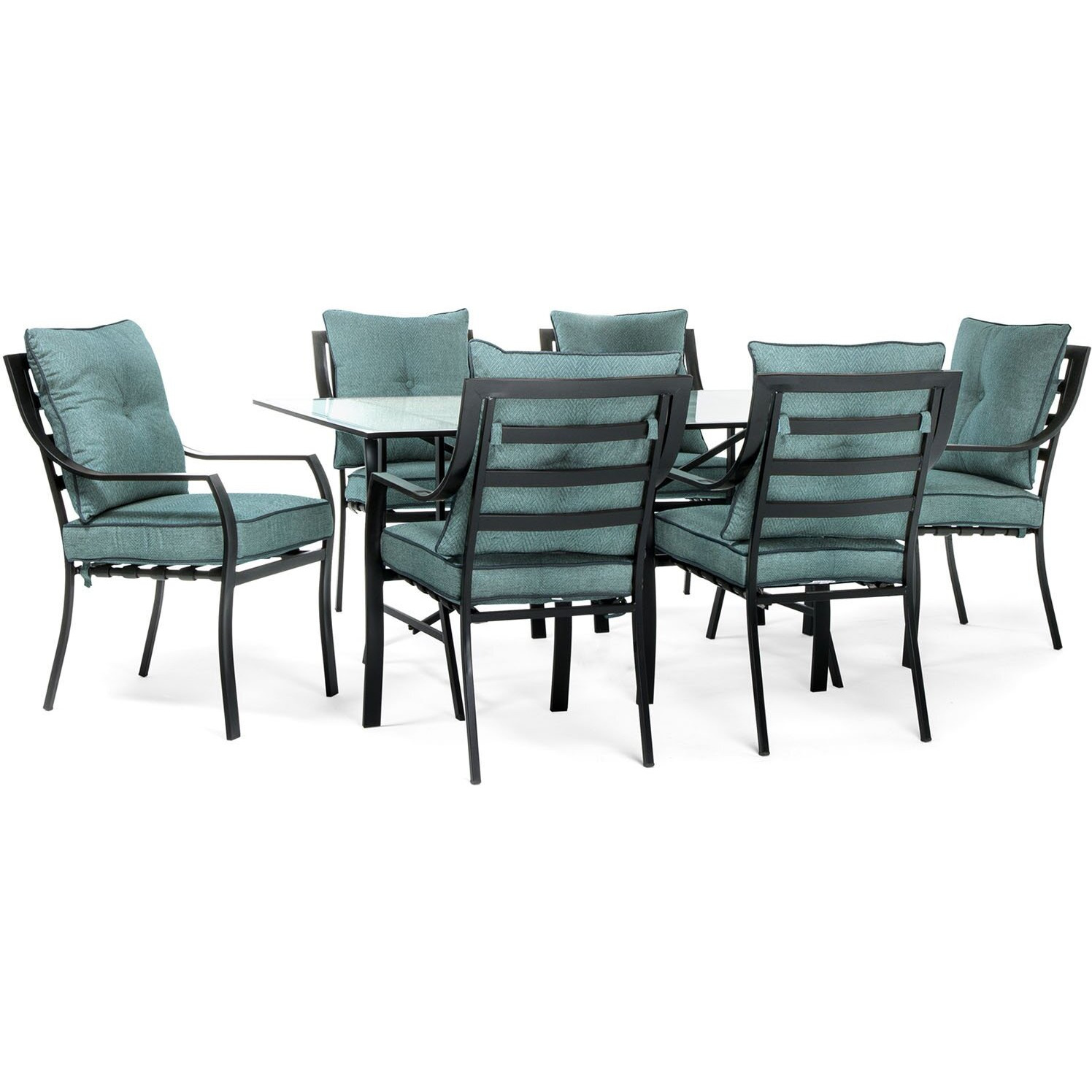 Hanover Lavallette 7-Piece Patio Dining Set, Steel Outdoor Dining Set With Ocean Blue Cushions, 6 Dining Chairs And Tempered Glass Rectangular Dining Table
