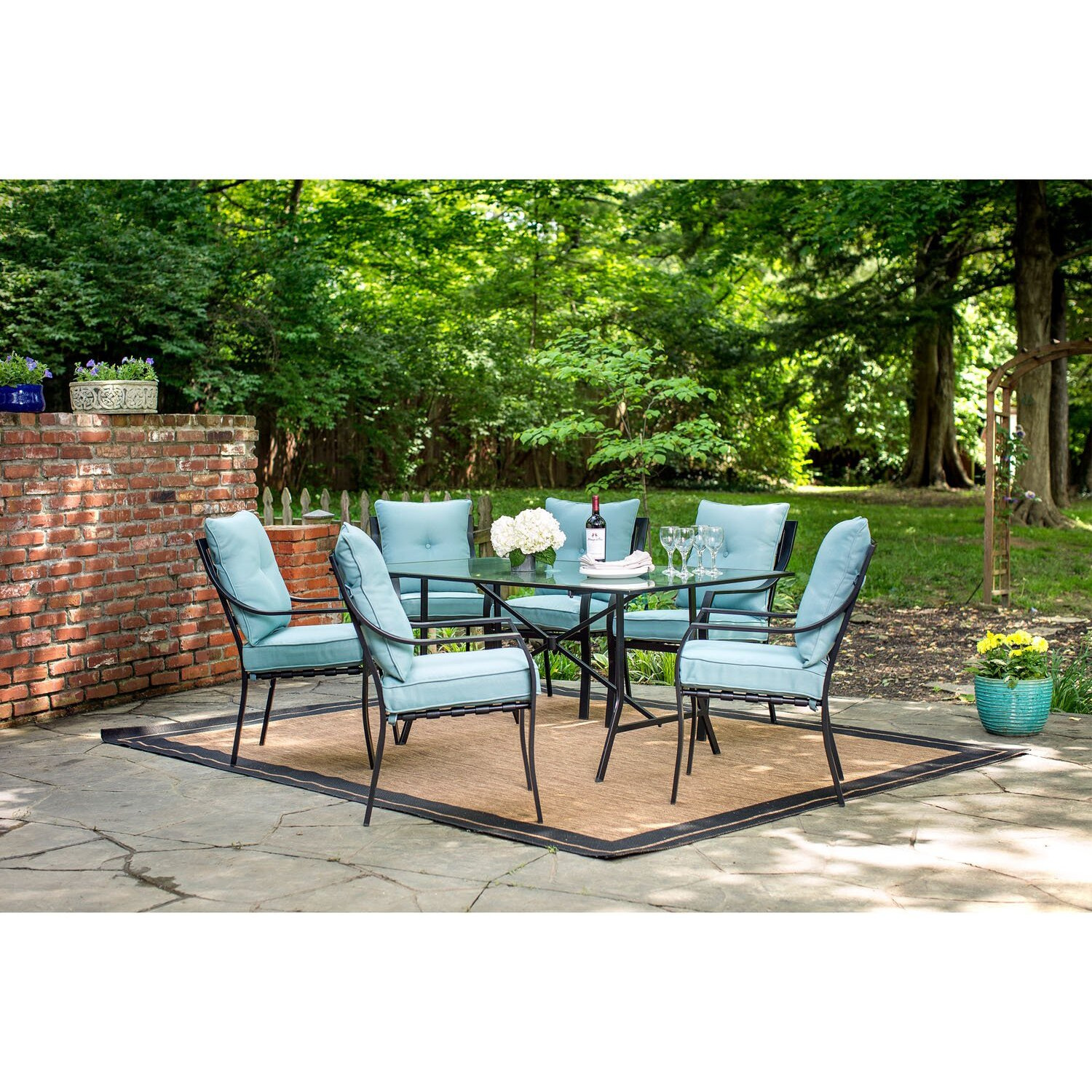 Hanover Lavallette 7-Piece Patio Dining Set, Steel Outdoor Dining Set With Ocean Blue Cushions, 6 Dining Chairs And Tempered Glass Rectangular Dining Table