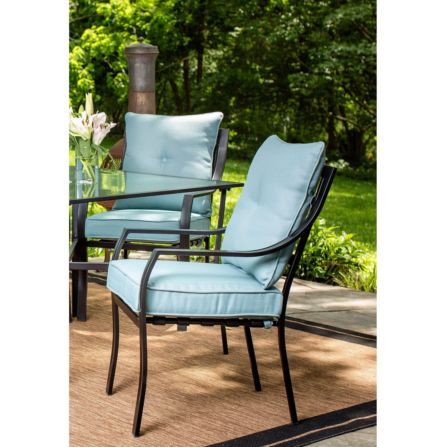Hanover Lavallette 7-Piece Patio Dining Set, Steel Outdoor Dining Set With Ocean Blue Cushions, 6 Dining Chairs And Tempered Glass Rectangular Dining Table