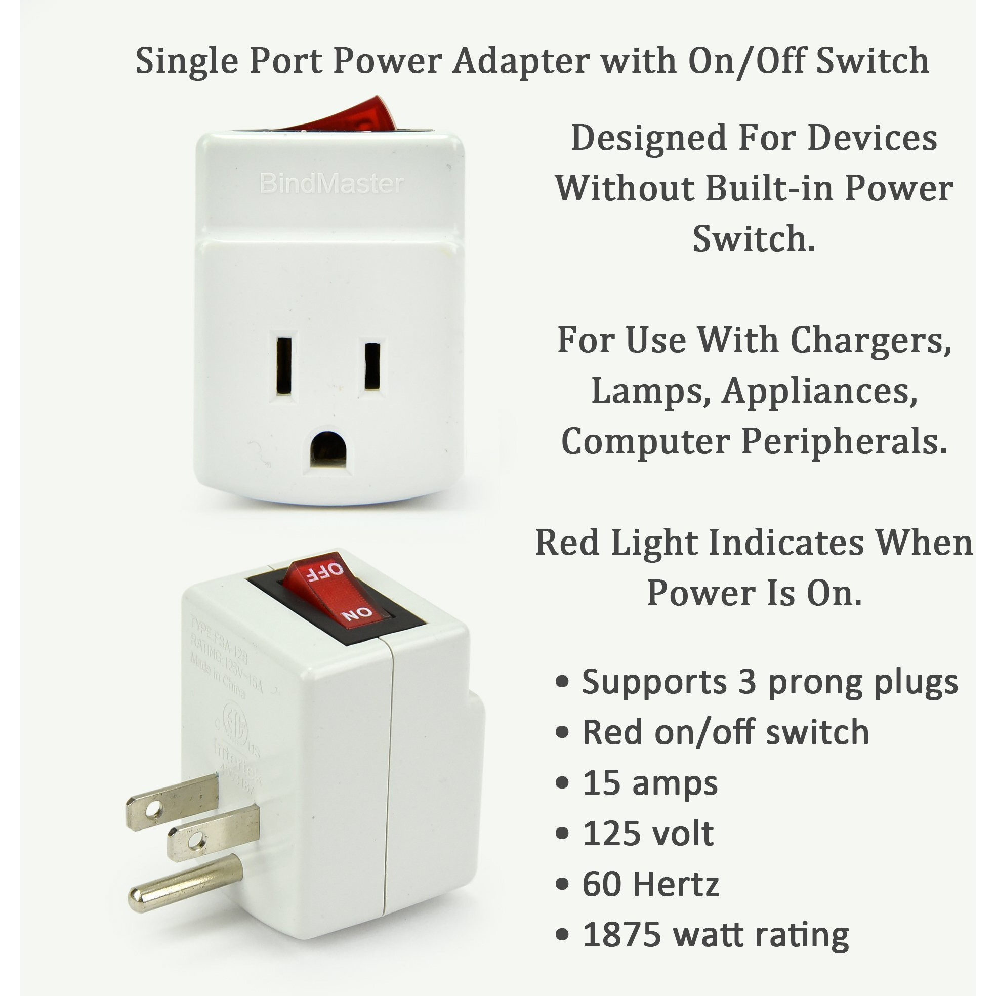 3 Prong Grounded Single Port Power Adapter For Outlet With Indicator Lighted On/Off Switch To Be Energy Saving (1 Pack)