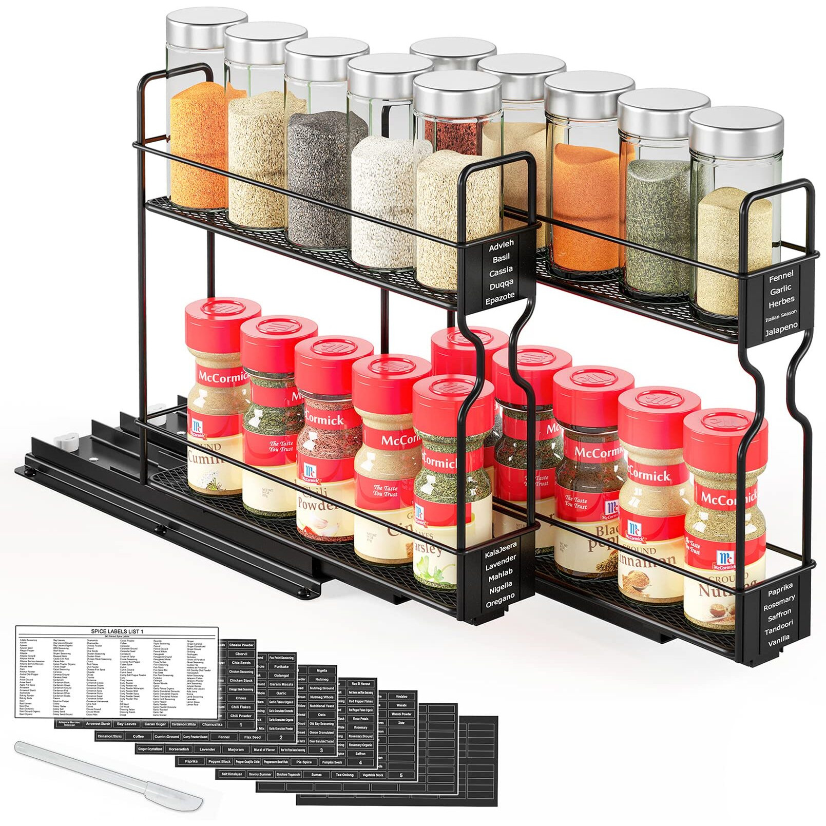 Spaceaid Pull Out Spice Rack Organizer For Cabinet, Heavy Duty Slide Out Seasoning Kitchen Organizer, Cabinet Organizer, With Labels, 5.2"" W X10.75 D X10 H, 2 Drawers 2-Tier