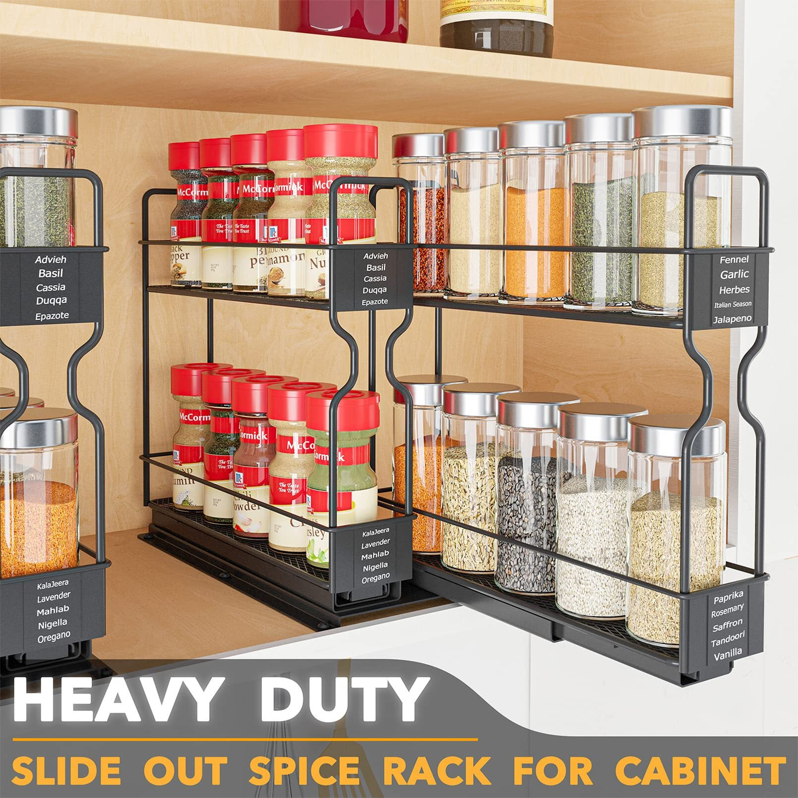 Spaceaid Pull Out Spice Rack Organizer For Cabinet, Heavy Duty Slide Out Seasoning Kitchen Organizer, Cabinet Organizer, With Labels, 5.2"" W X10.75 D X10 H, 2 Drawers 2-Tier