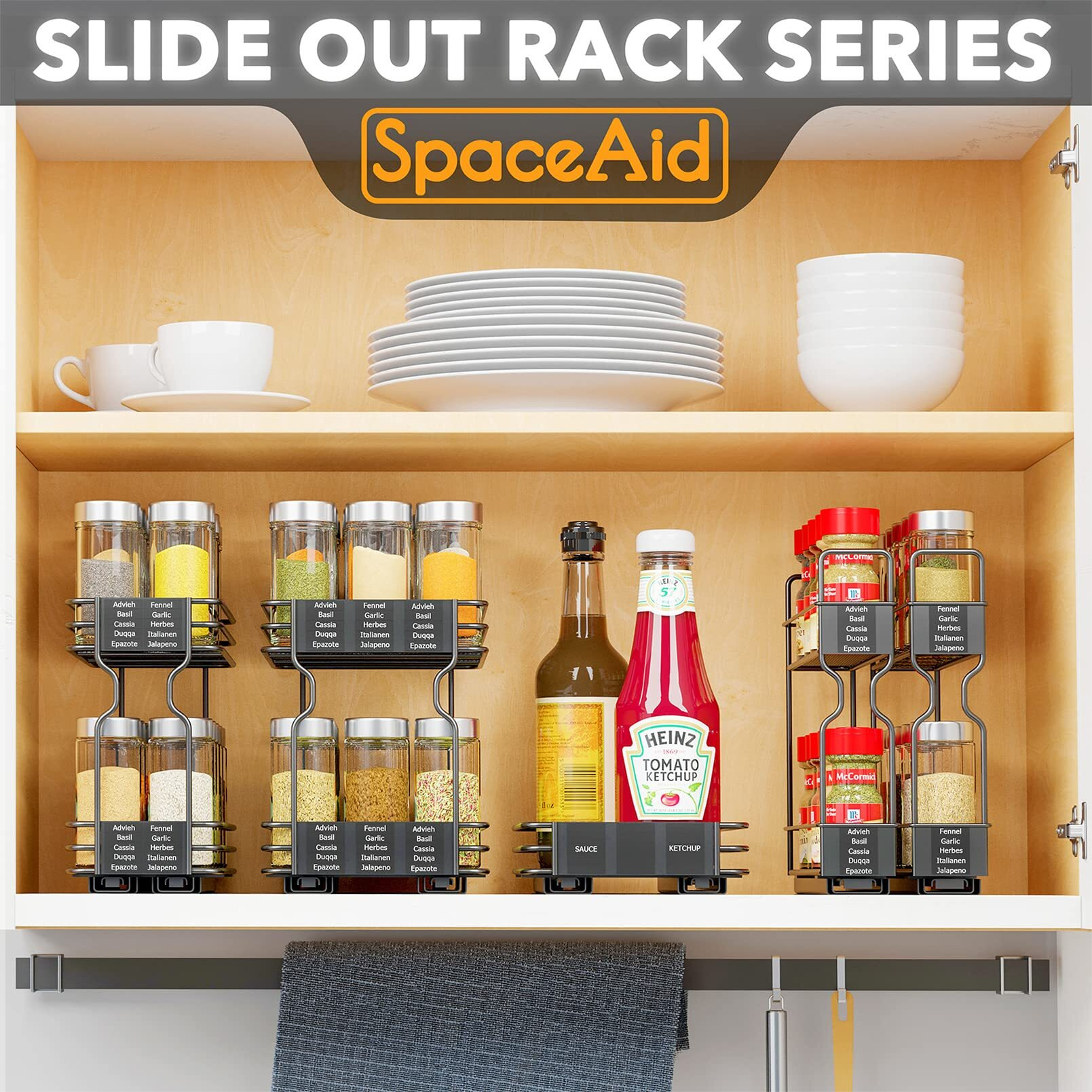 Spaceaid Pull Out Spice Rack Organizer For Cabinet, Heavy Duty Slide Out Seasoning Kitchen Organizer, Cabinet Organizer, With Labels, 5.2"" W X10.75 D X10 H, 2 Drawers 2-Tier