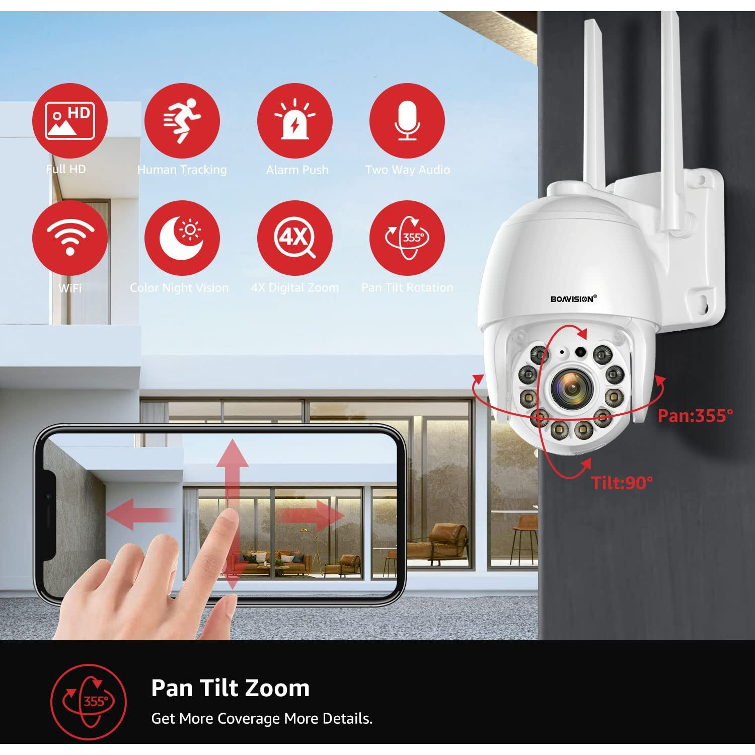 Boavision Security Camera Outdoor, Wireless Wifi Ip Camera Home Security System 360 View,Motion Detection, Auto Tracking,Two Way Talk,Hd 1080P Pan Tile Full Color Night Vision